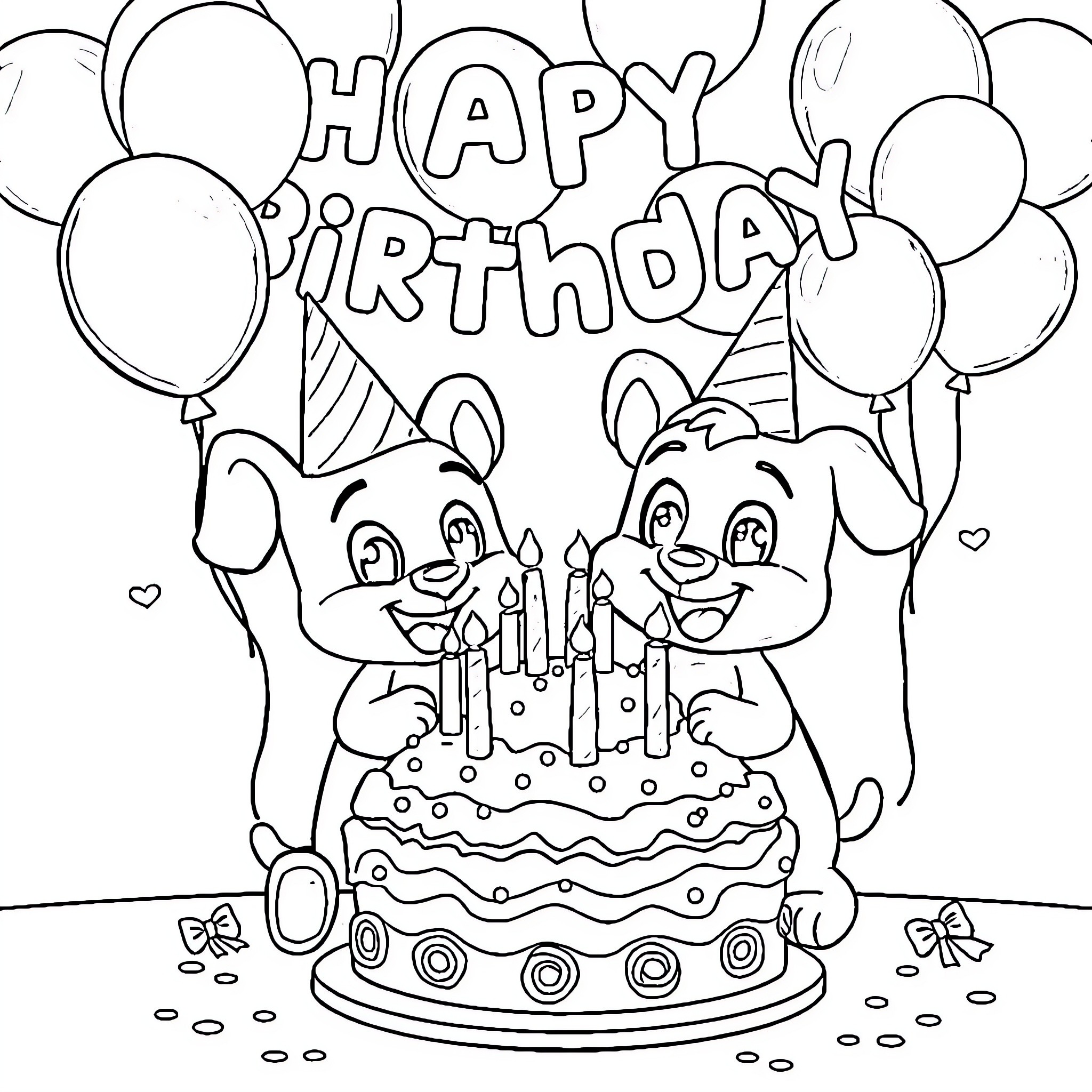 Bluey's Happy Birthday Celebration Coloring Page (free black-and-white line drawing printable PDF for all, from beginners to advanced learners, including children, teens, adults, and seniors)