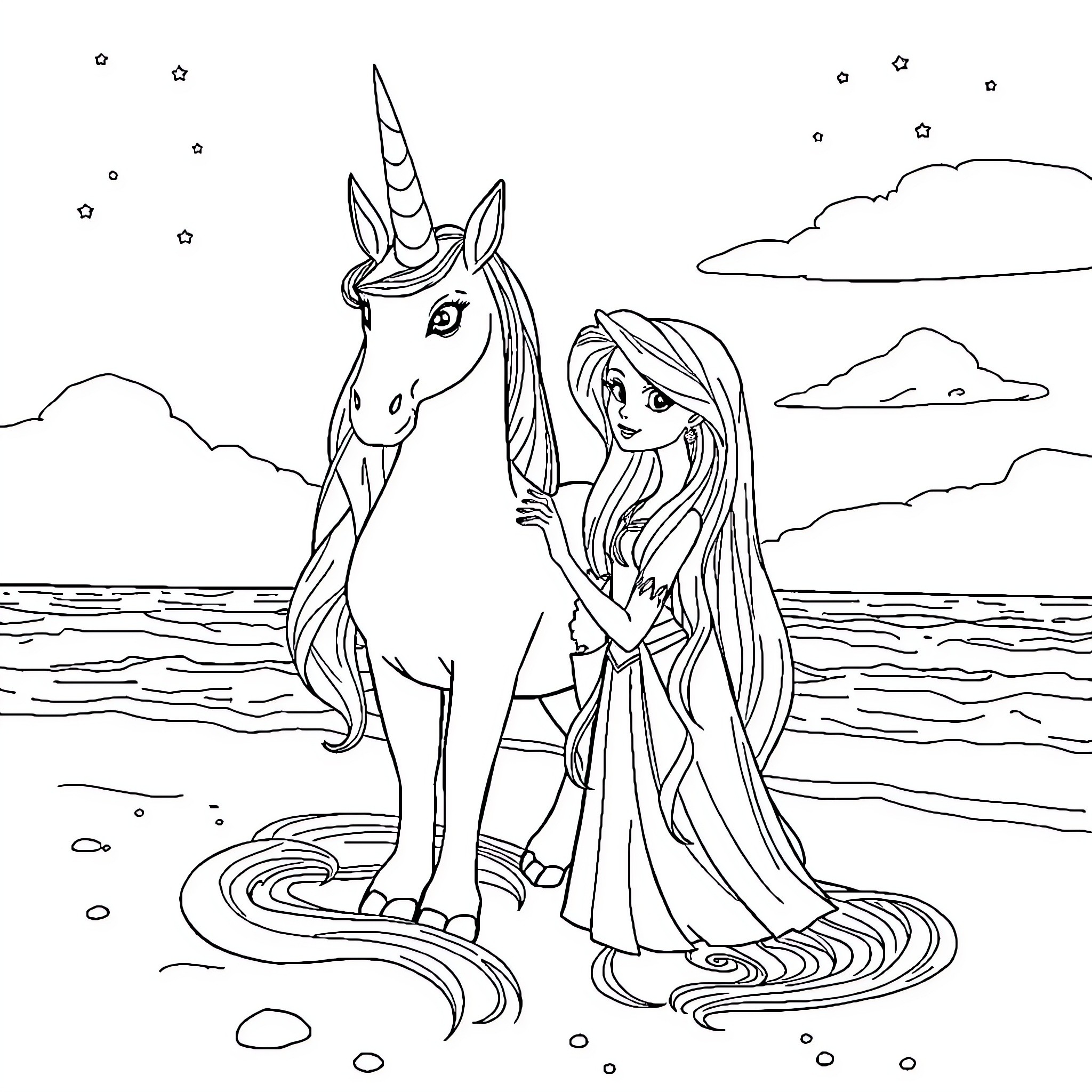 Unicorn and girl playing by the sea Coloring Page (free black-and-white line drawing printable PDF for all, from beginners to advanced learners, including children, teens, adults, and seniors)