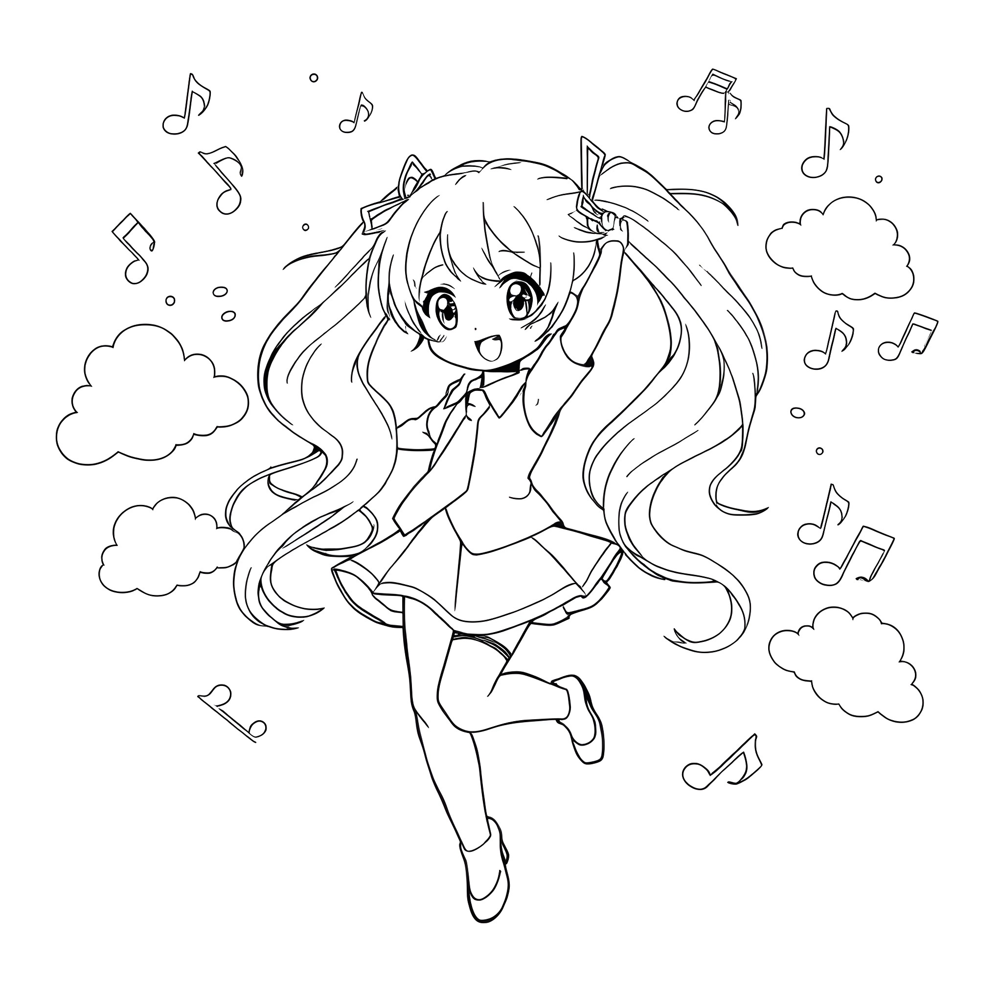 Hatsune Miku dancing joyfully with musical notes Coloring Page (free black-and-white line drawing printable PDF for all, from beginners to advanced learners, including children, teens, adults, and seniors)