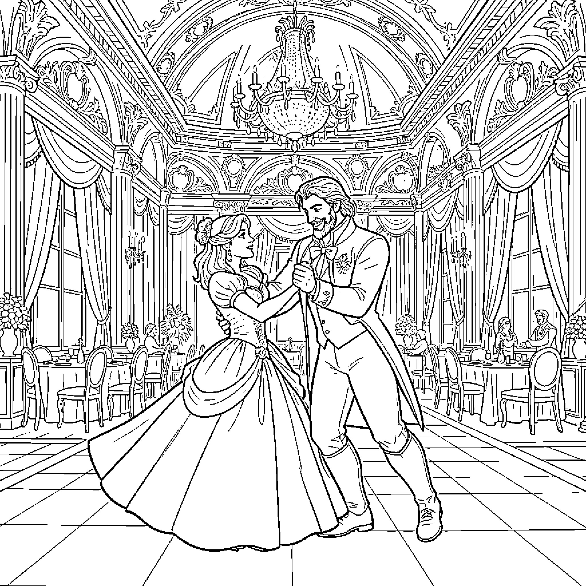 Beauty And The Beast dancing in a grand ballroom Coloring Page (free black-and-white line drawing printable PDF for all, from beginners to advanced learners, including children, teens, adults, and seniors)