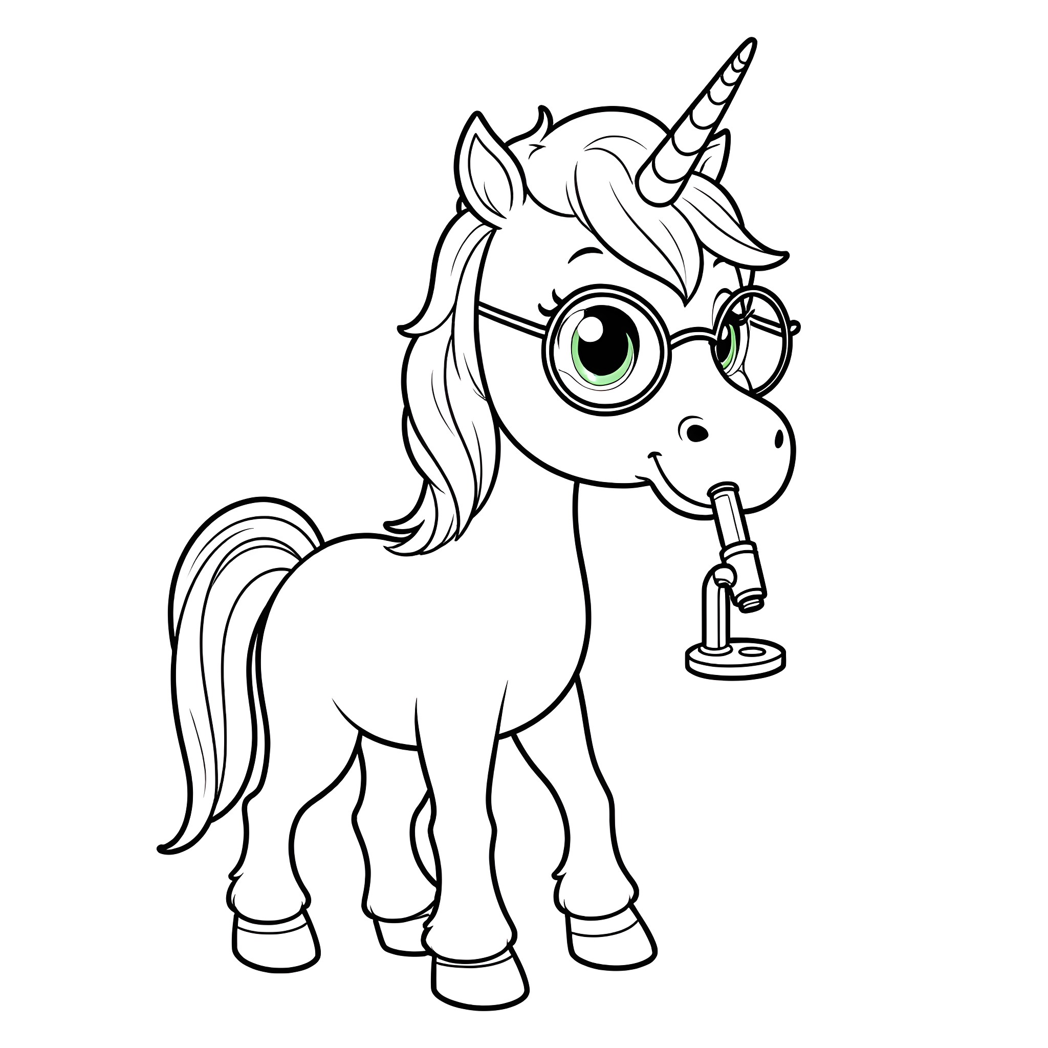 Unicorn Scientist Conducting Experiment Coloring Page (free black-and-white line drawing printable PDF for all, from beginners to advanced learners, including children, teens, adults, and seniors)