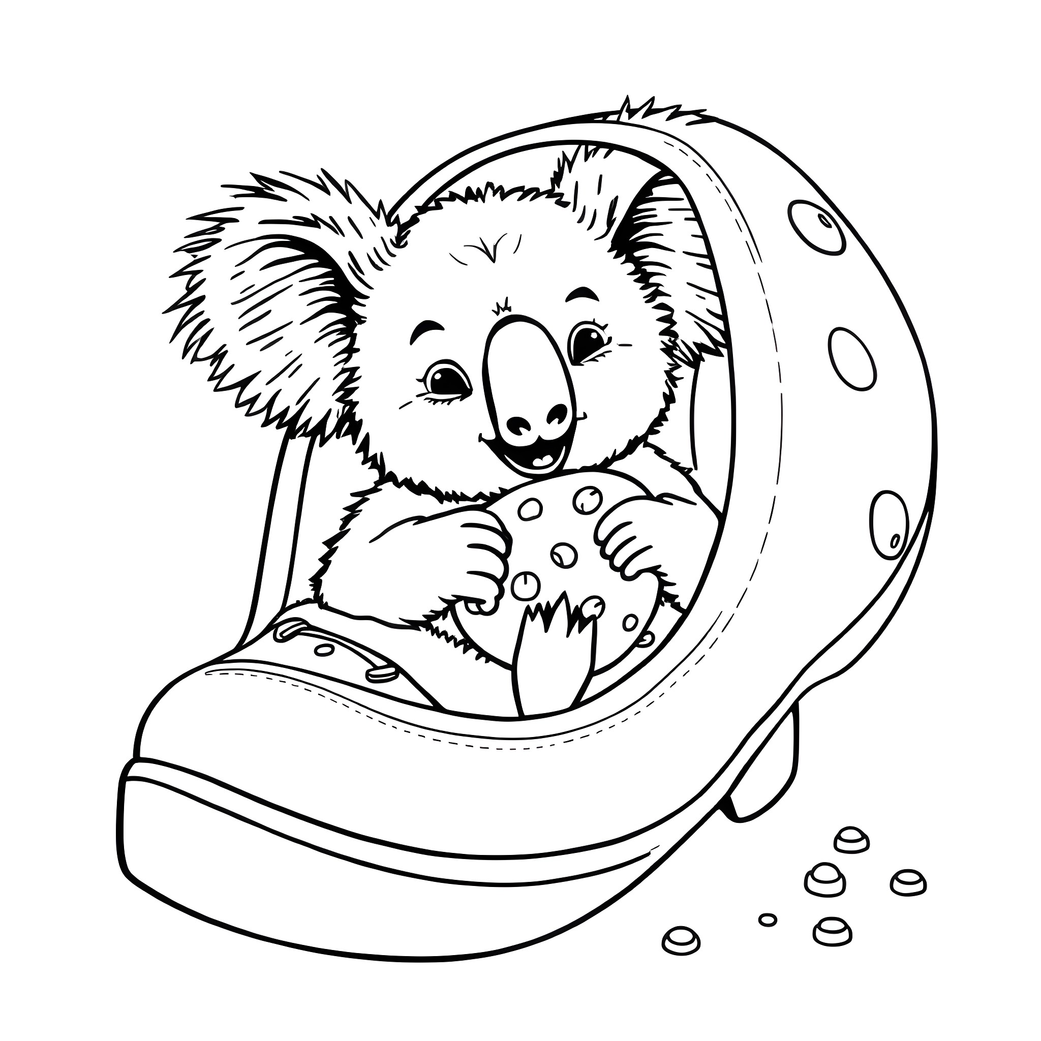 Koala resting comfortably in a spaceship Coloring Page (free black-and-white line drawing printable PDF for all, from beginners to advanced learners, including children, teens, adults, and seniors)