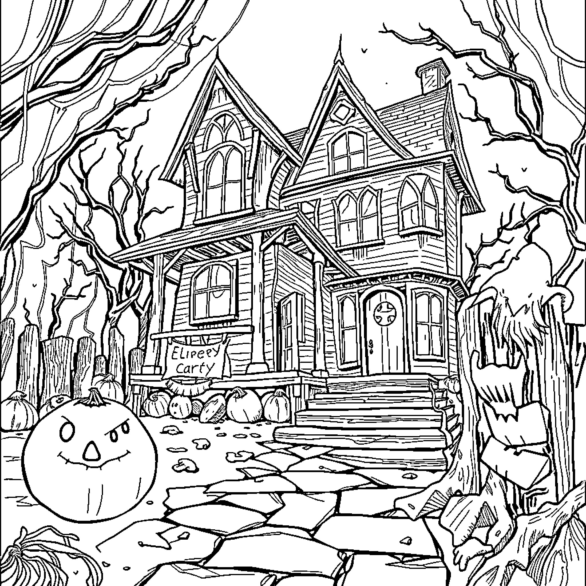 Haunted House with Spooky Pumpkin in Dark Forest Coloring Page (free black-and-white line drawing printable PDF for all, from beginners to advanced learners, including children, teens, adults, and seniors)
