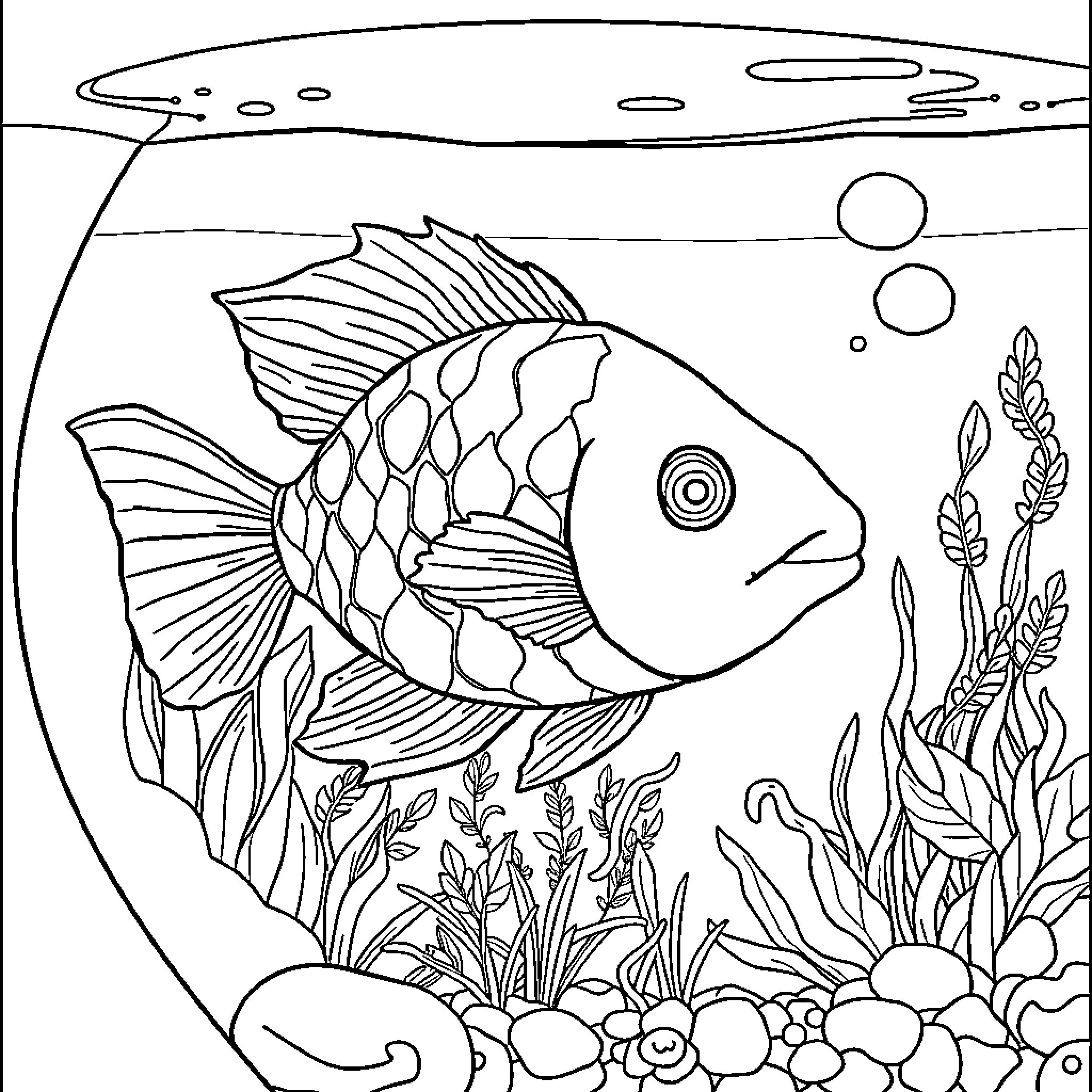 Fish swimming amidst underwater plants and bubbles Coloring Page (free black-and-white line drawing printable PDF for all, from beginners to advanced learners, including children, teens, adults, and seniors)