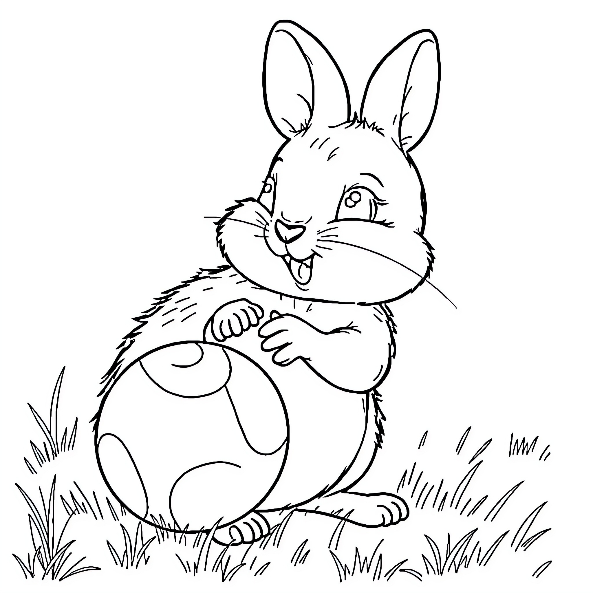 Rabbit cheerfully holding Easter egg Coloring Page (free black-and-white line drawing printable PDF for all, from beginners to advanced learners, including children, teens, adults, and seniors)