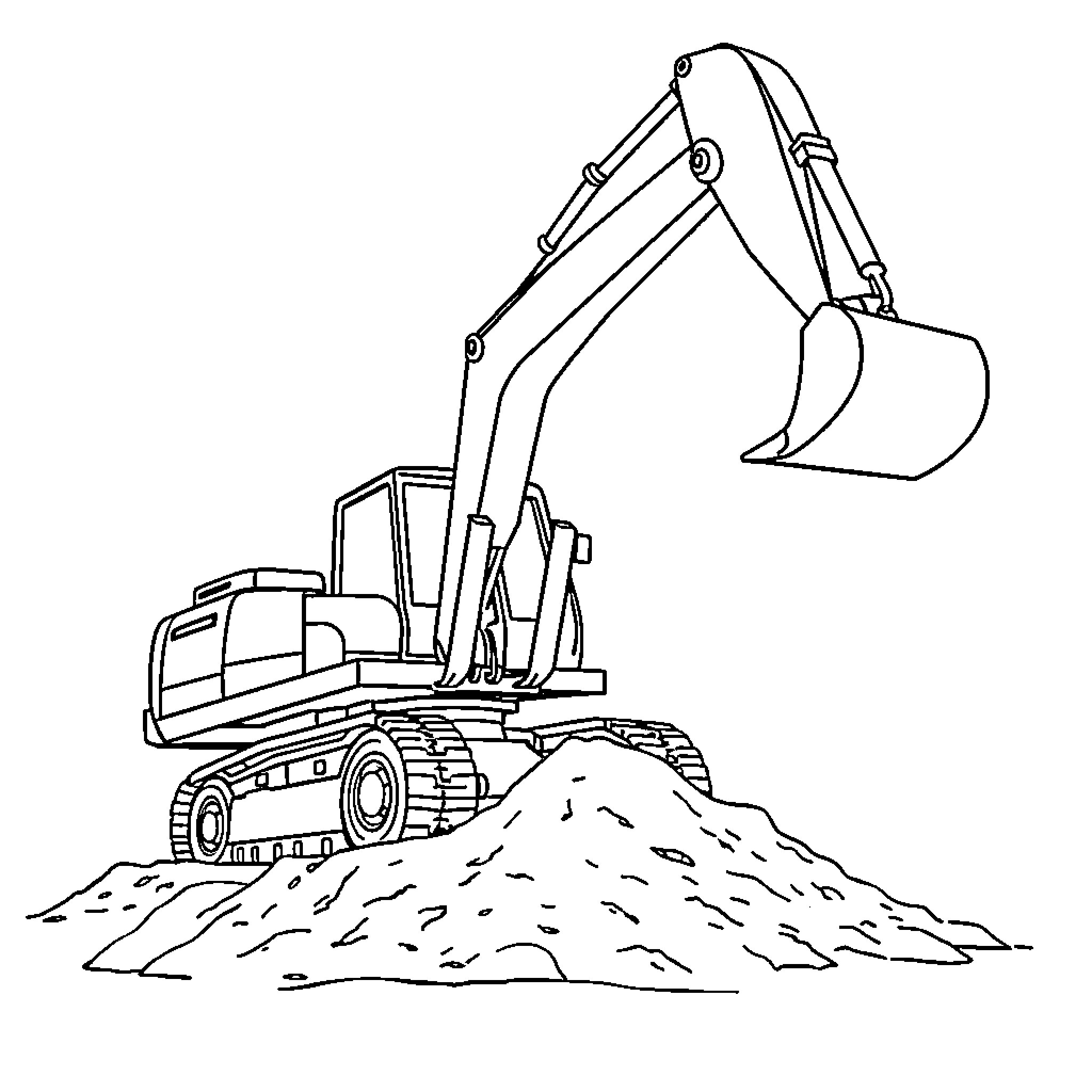 Excavator digging soil on construction site Coloring Page (free black-and-white line drawing printable PDF for all, from beginners to advanced learners, including children, teens, adults, and seniors)