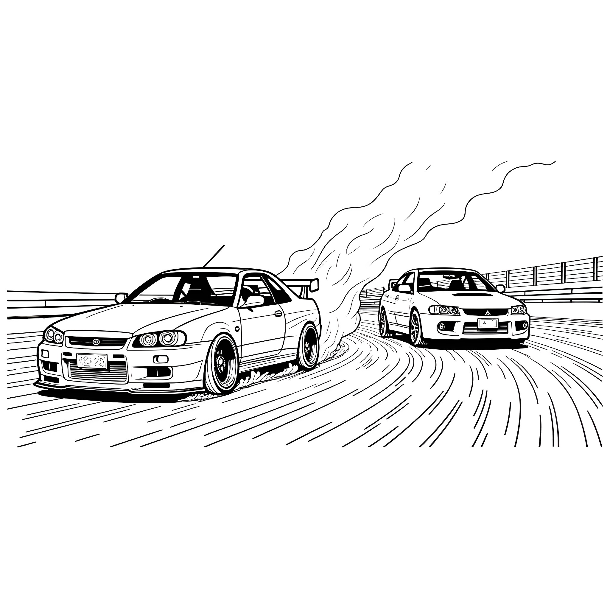 Nissan Skyline racing on a winding road Coloring Page (free black-and-white line drawing printable PDF for all, from beginners to advanced learners, including children, teens, adults, and seniors)