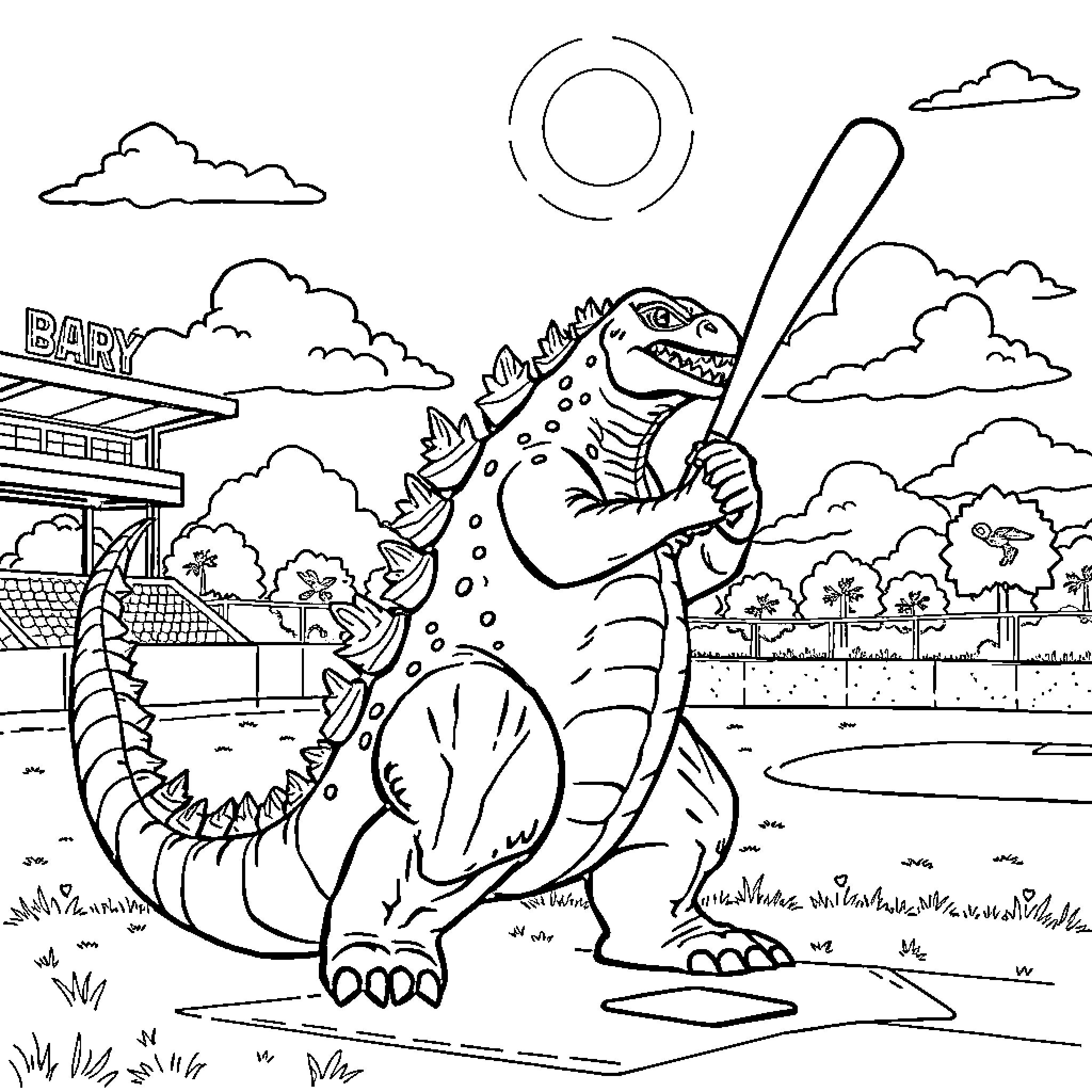 Godzilla playing baseball in a scenic park Coloring Page (free black-and-white line drawing printable PDF for all, from beginners to advanced learners, including children, teens, adults, and seniors)