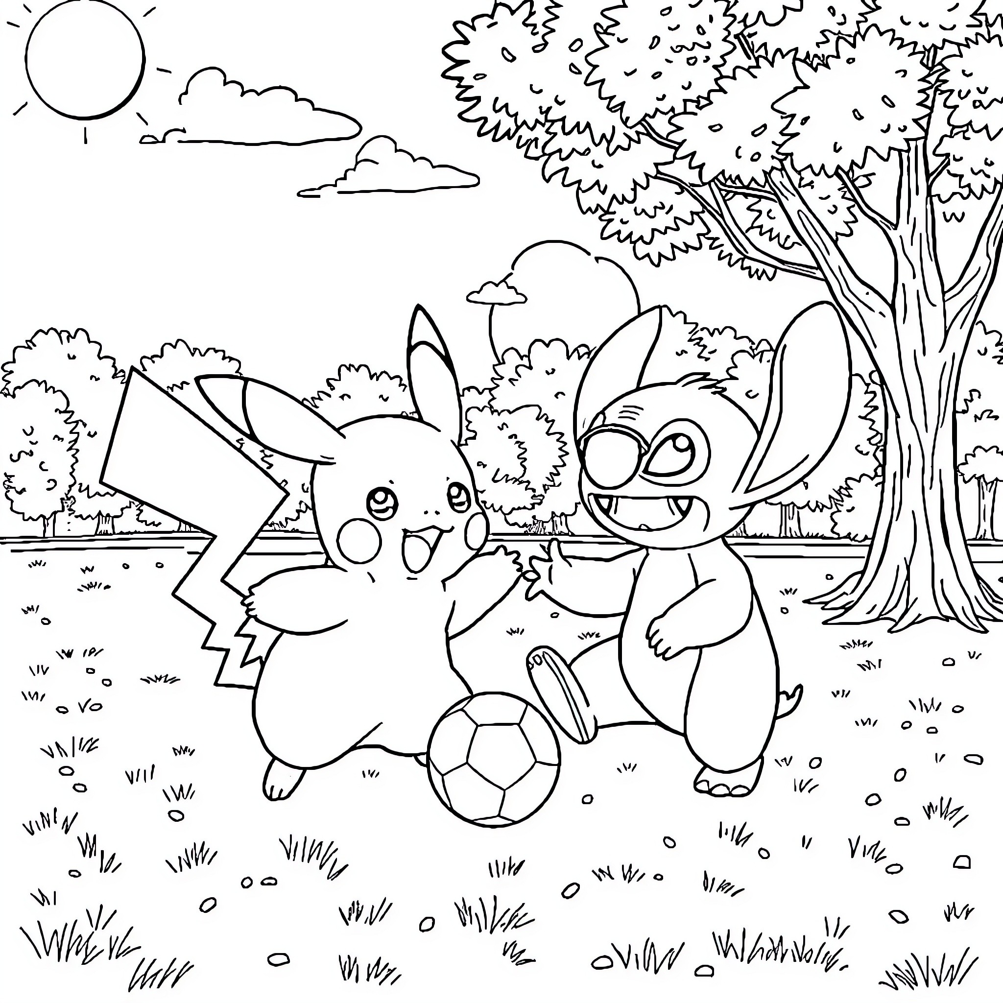 Pikachu and Stitch playing together in the park Coloring Page (free black-and-white line drawing printable PDF for all, from beginners to advanced learners, including children, teens, adults, and seniors)