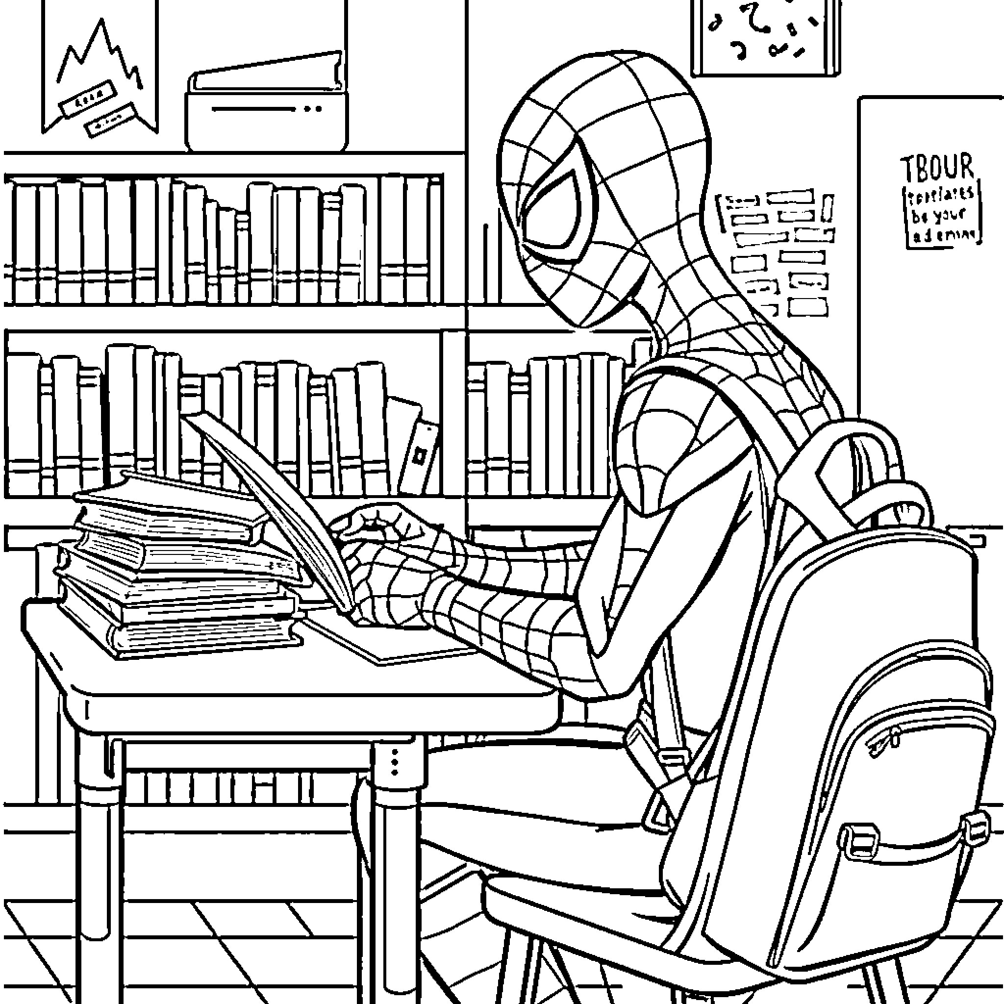 Spider-Man studying diligently in the library Coloring Page (free black-and-white line drawing printable PDF for all, from beginners to advanced learners, including children, teens, adults, and seniors)