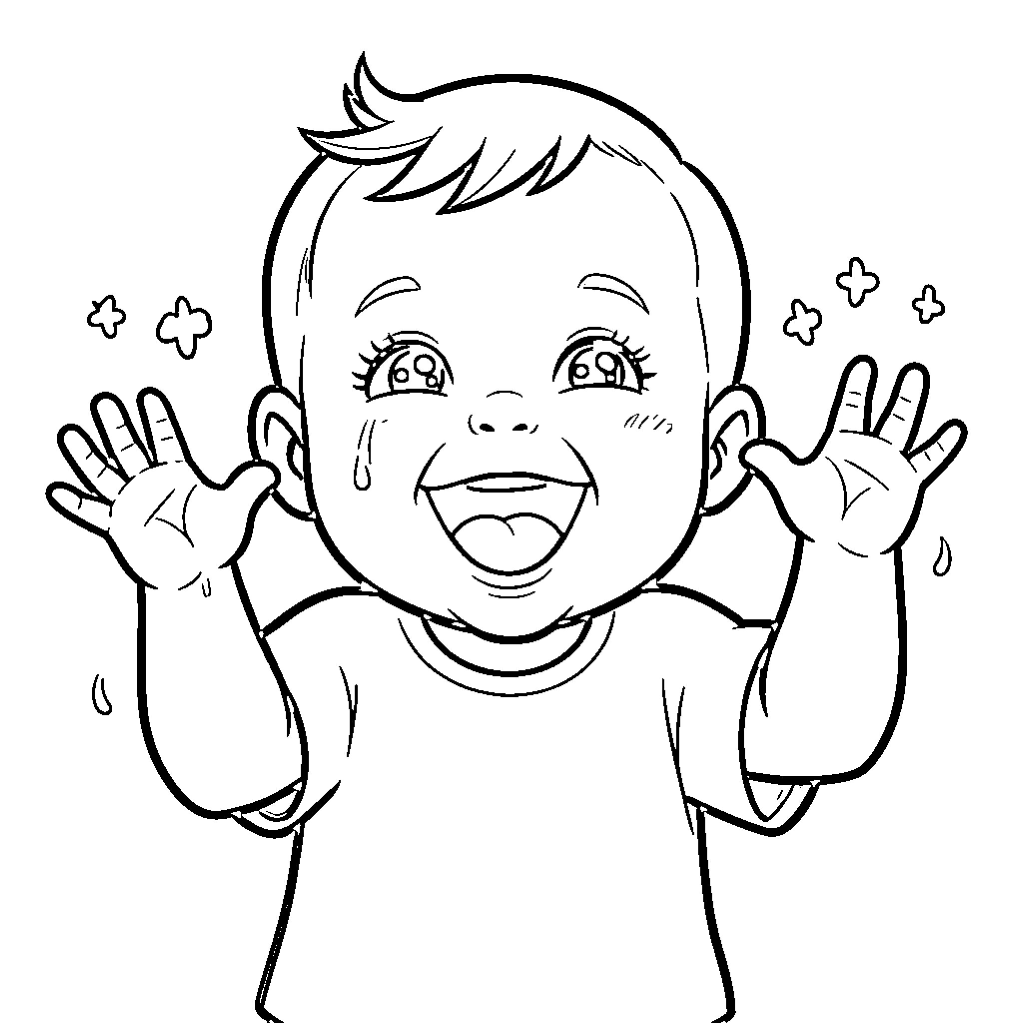 Baby laughing joyfully with hands raised up Coloring Page (free black-and-white line drawing printable PDF for all, from beginners to advanced learners, including children, teens, adults, and seniors)