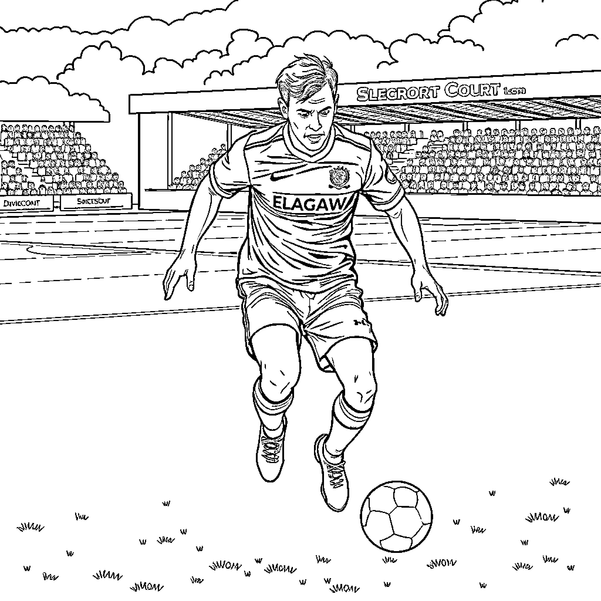 Davie Cooper running with soccer ball on the field Coloring Page (free black-and-white line drawing printable PDF for all, from beginners to advanced learners, including children, teens, adults, and seniors)