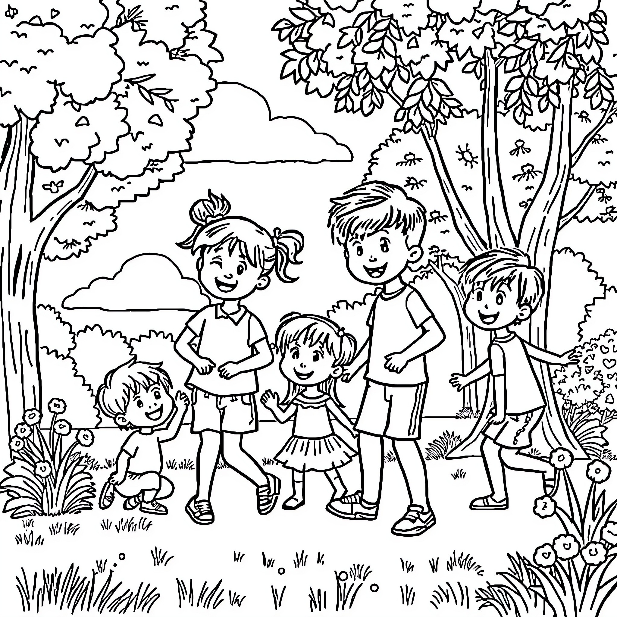 Child friends exploring the outdoors together Coloring Page (free black-and-white line drawing printable PDF for all, from beginners to advanced learners, including children, teens, adults, and seniors)