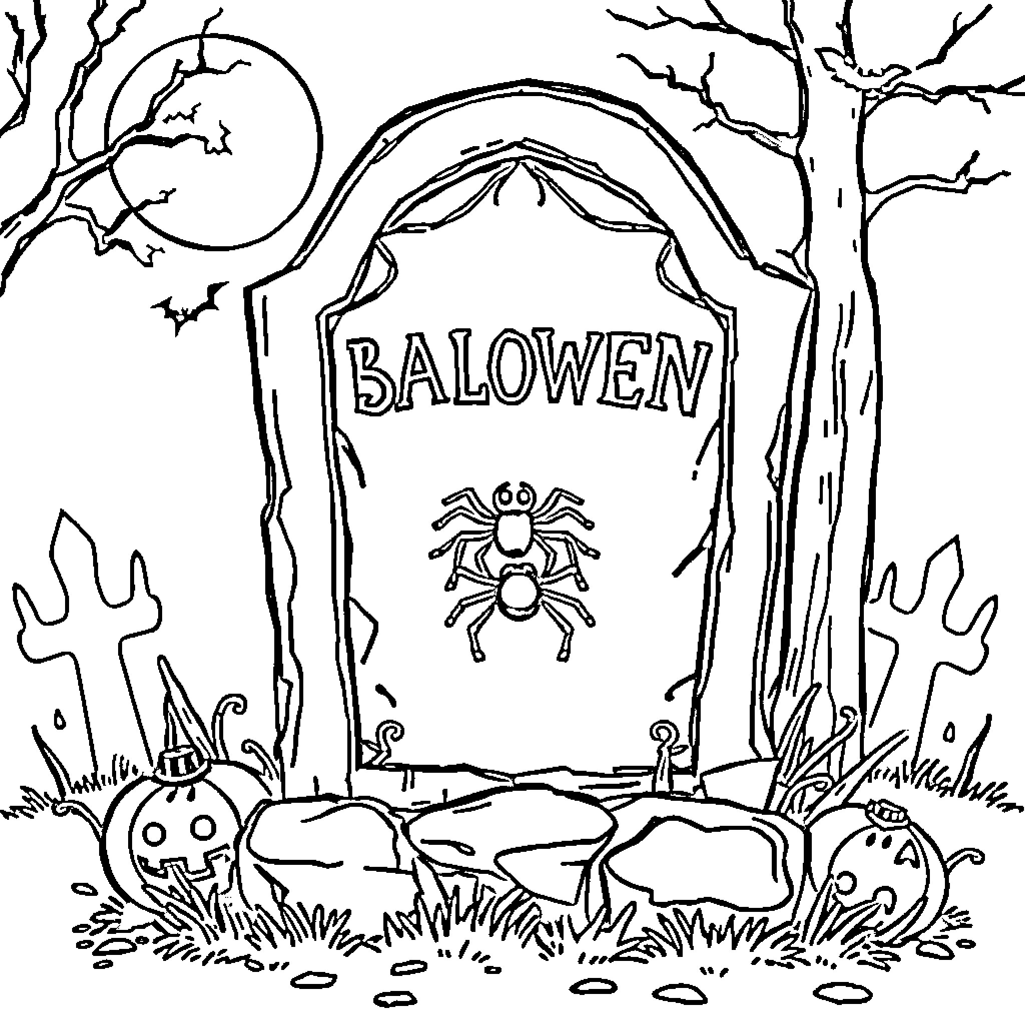 Tombstone with Halloween decorations in spooky forest Coloring Page (free black-and-white line drawing printable PDF for all, from beginners to advanced learners, including children, teens, adults, and seniors)