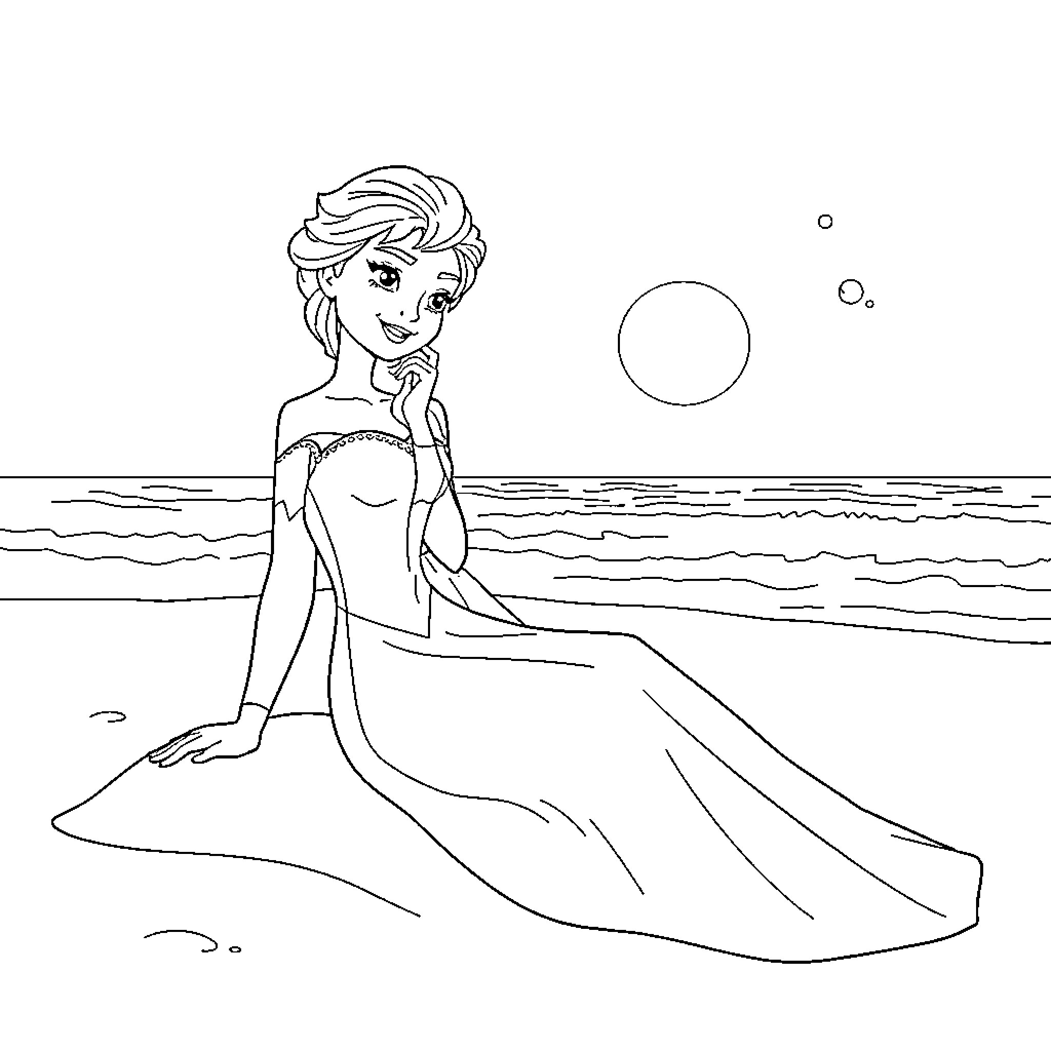 Elsa enjoying a serene beach scene Coloring Page (free black-and-white line drawing printable PDF for all, from beginners to advanced learners, including children, teens, adults, and seniors)