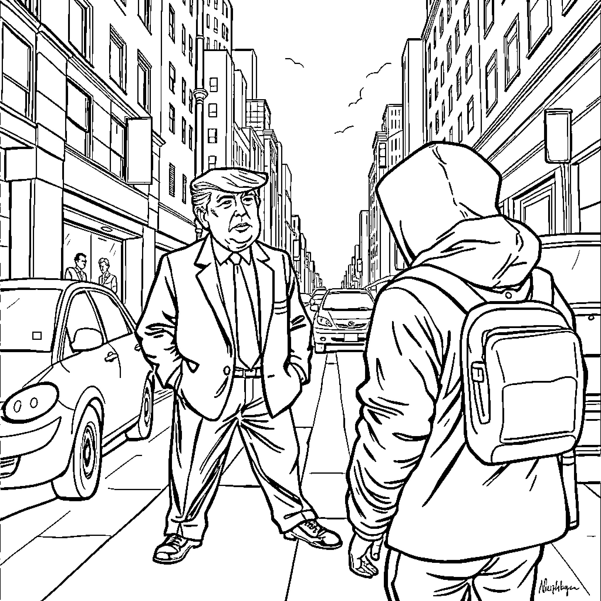 Donald Trump walking in the busy city streets Coloring Page (free black-and-white line drawing printable PDF for all, from beginners to advanced learners, including children, teens, adults, and seniors)