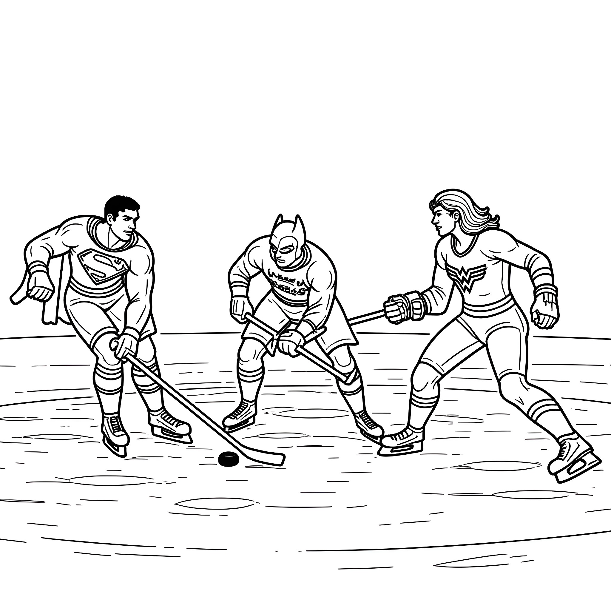 Justice League members battle on the ice rink Coloring Page (free black-and-white line drawing printable PDF for all, from beginners to advanced learners, including children, teens, adults, and seniors)