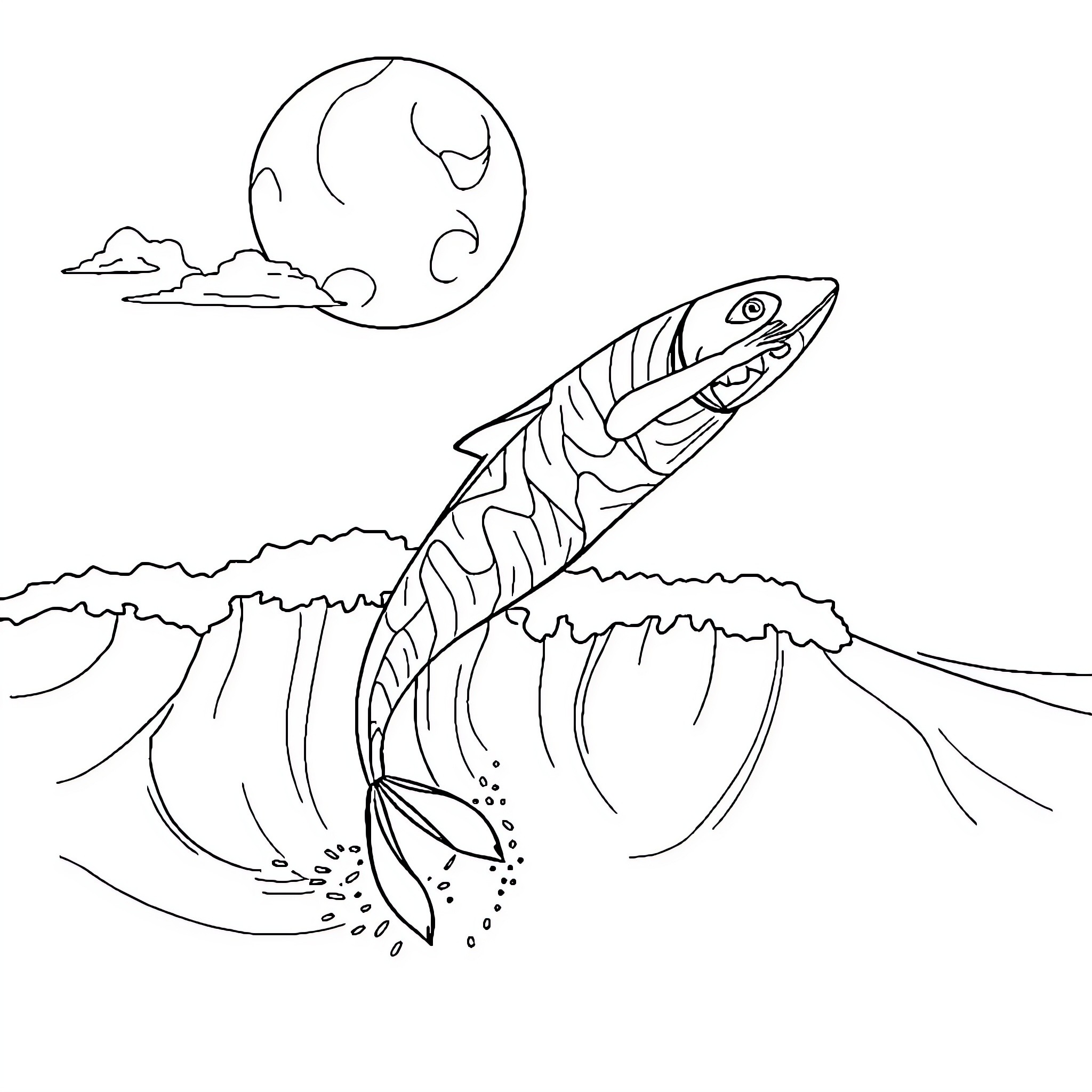 Whale breaching waves under moonlit sky Coloring Page (free black-and-white line drawing printable PDF for all, from beginners to advanced learners, including children, teens, adults, and seniors)