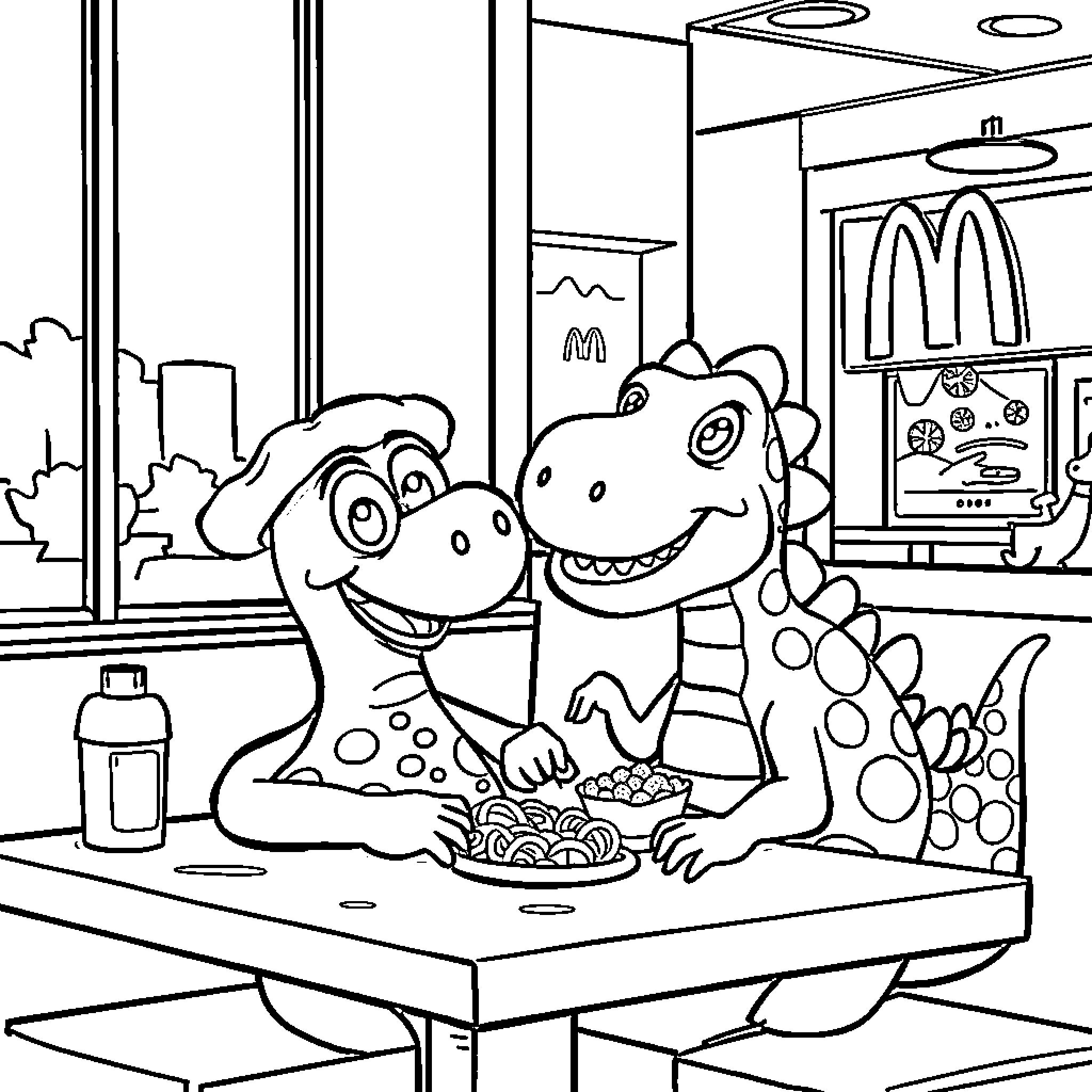 Dinosaurs enjoying a fast food meal Coloring Page (free black-and-white line drawing printable PDF for all, from beginners to advanced learners, including children, teens, adults, and seniors)
