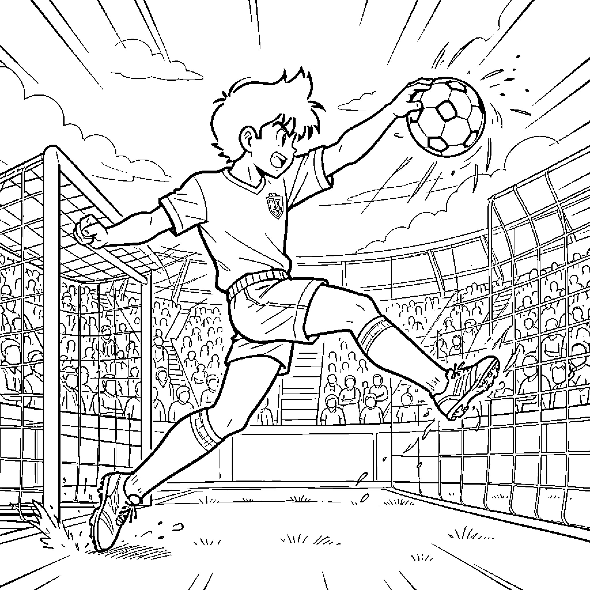 Captain Tsubasa performing a powerful soccer kick Coloring Page (free black-and-white line drawing printable PDF for all, from beginners to advanced learners, including children, teens, adults, and seniors)