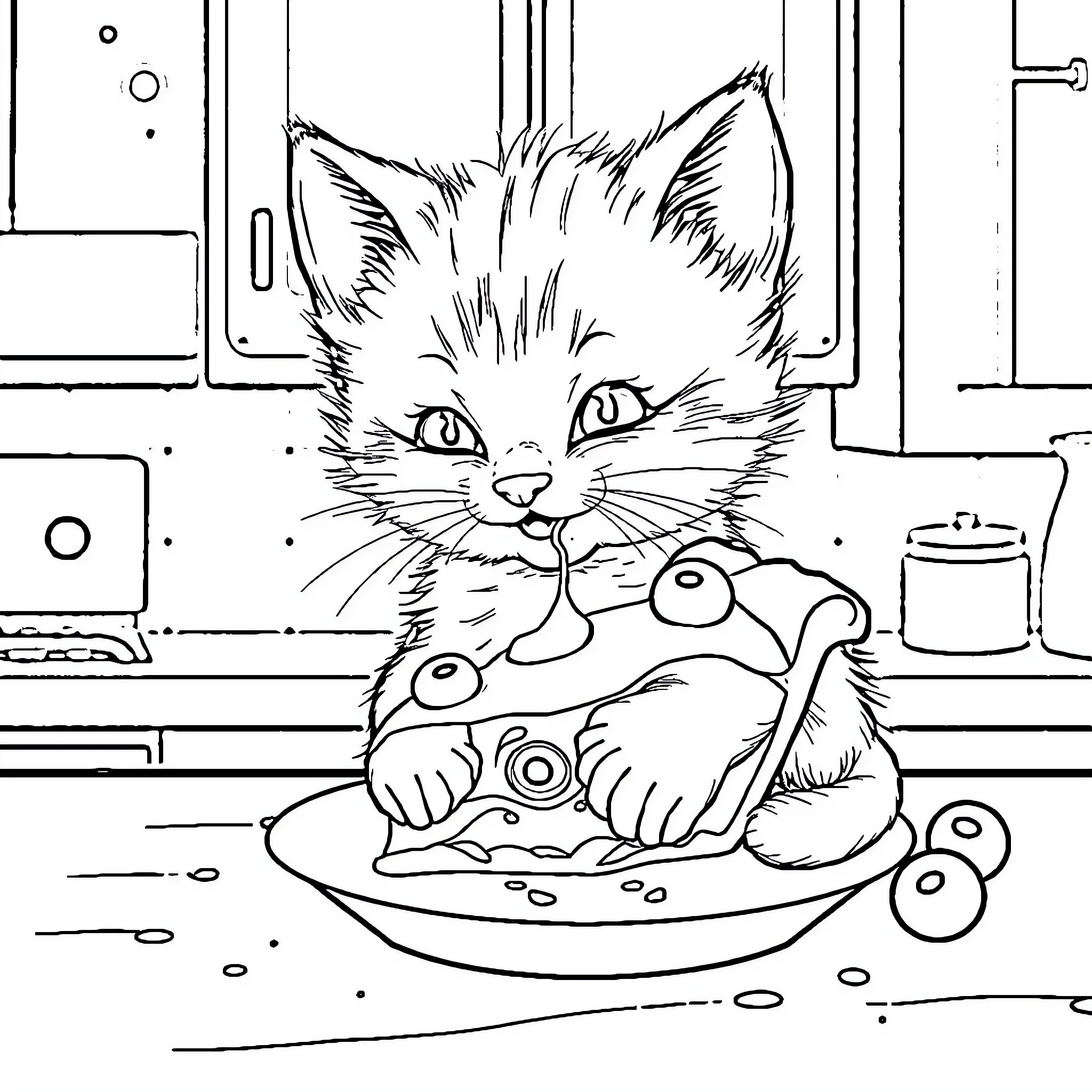 Kitten enjoying a tasty meal in the kitchen Coloring Page (free black-and-white line drawing printable PDF for all, from beginners to advanced learners, including children, teens, adults, and seniors)