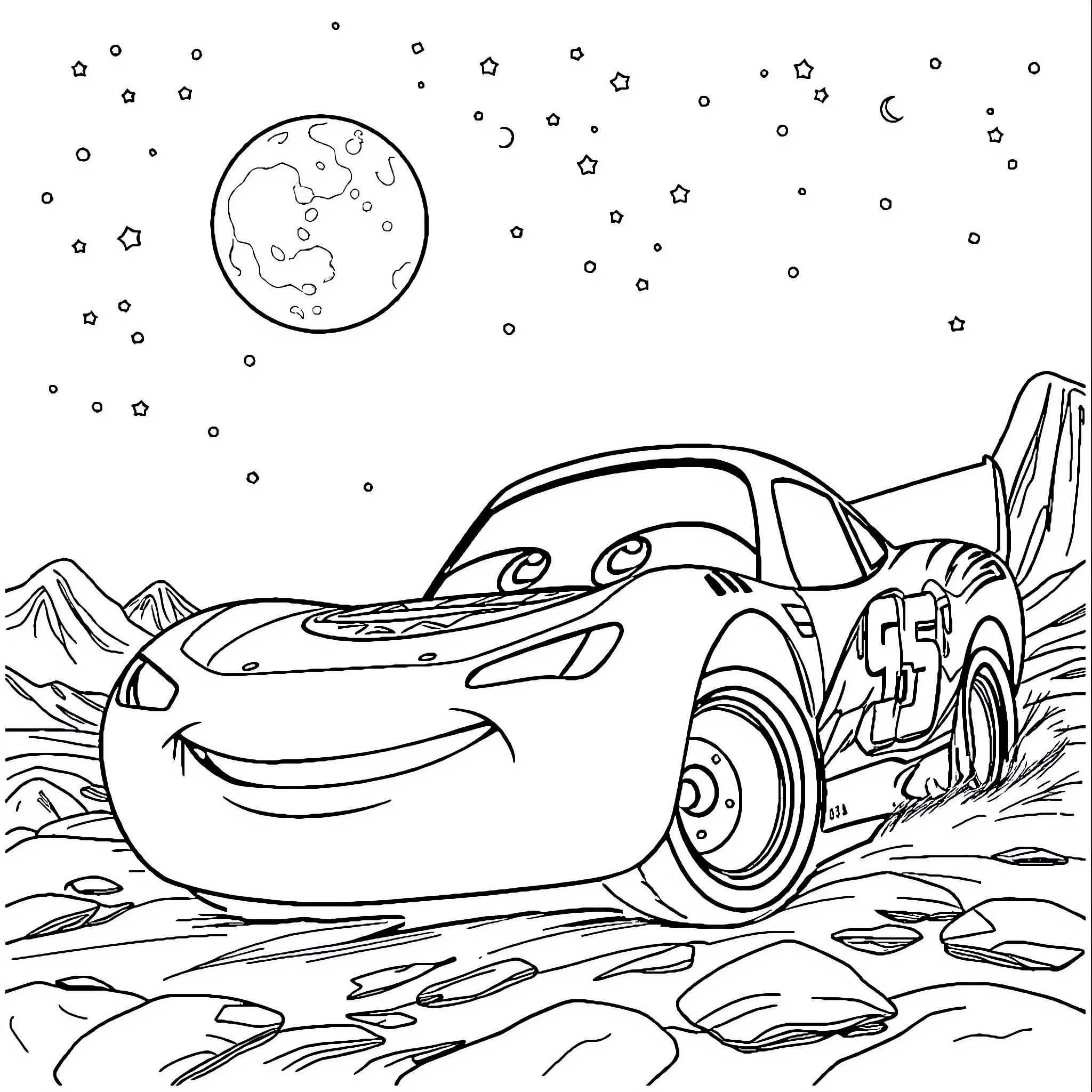 Rayo McQueen's Cosmic Adventure Coloring Page (free black-and-white line drawing printable PDF for all, from beginners to advanced learners, including children, teens, adults, and seniors)