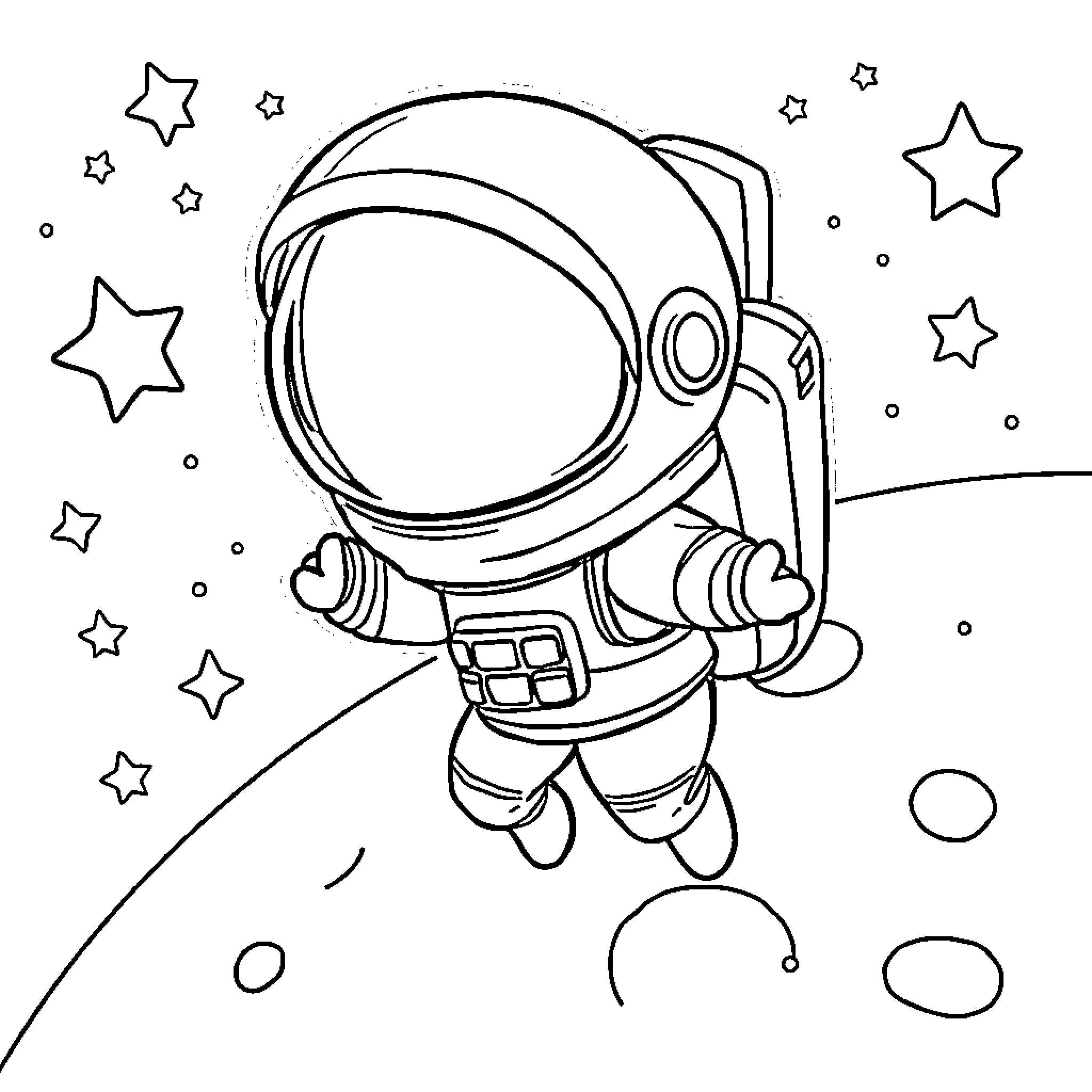 Spaceman exploring the starry universe Coloring Page (free black-and-white line drawing printable PDF for all, from beginners to advanced learners, including children, teens, adults, and seniors)
