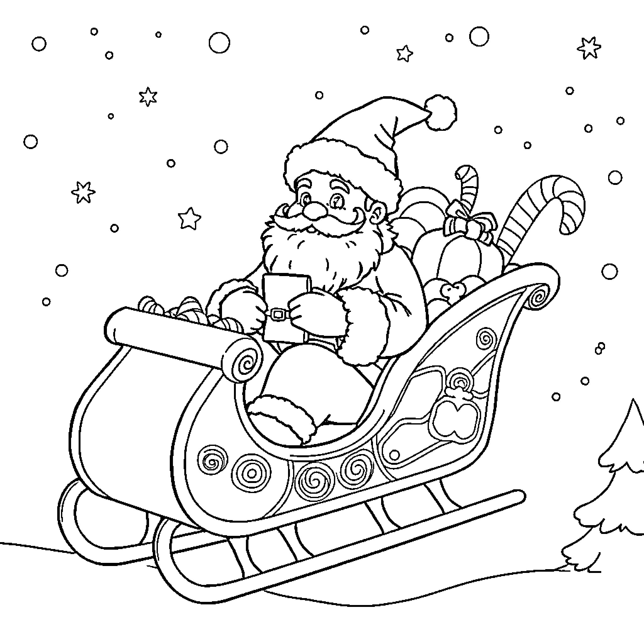 Santa riding sleigh with presents on snowy night Coloring Page (free black-and-white line drawing printable PDF for all, from beginners to advanced learners, including children, teens, adults, and seniors)