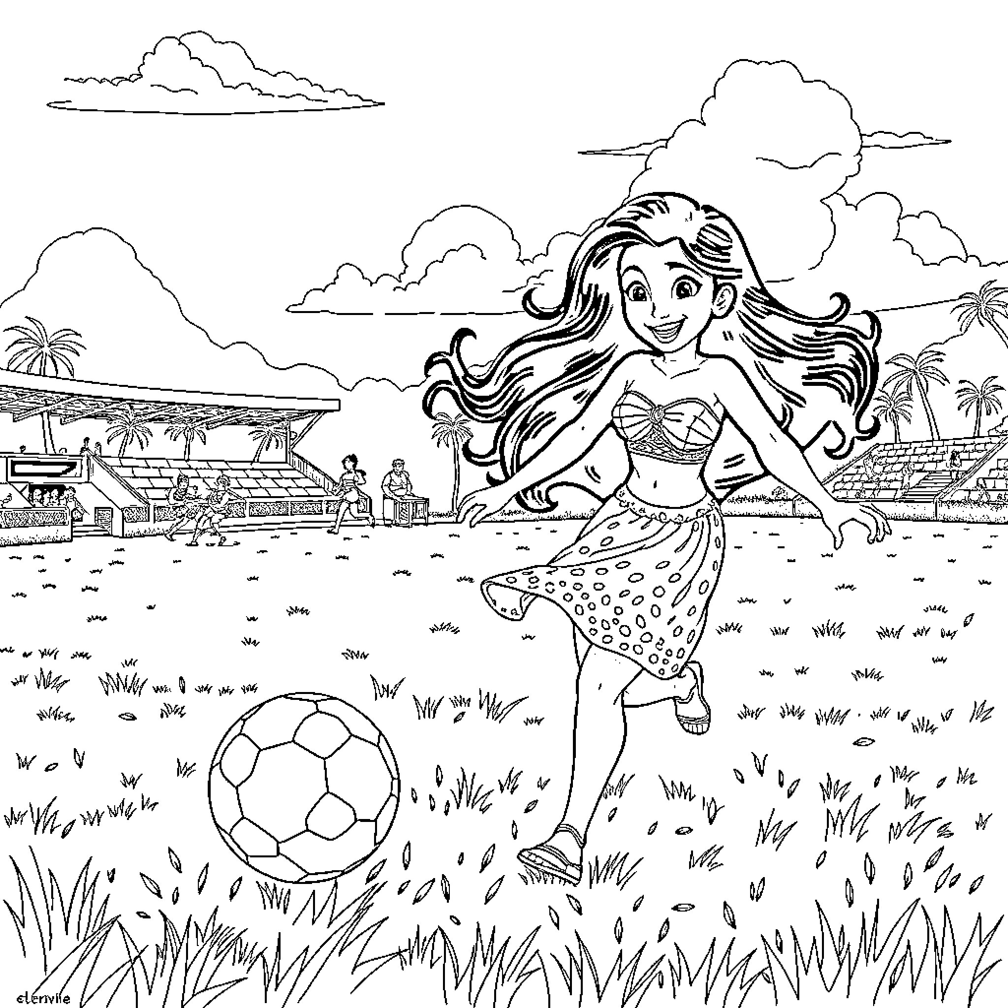 Vaiana enjoying a sunny day on the beach Coloring Page (free black-and-white line drawing printable PDF for all, from beginners to advanced learners, including children, teens, adults, and seniors)