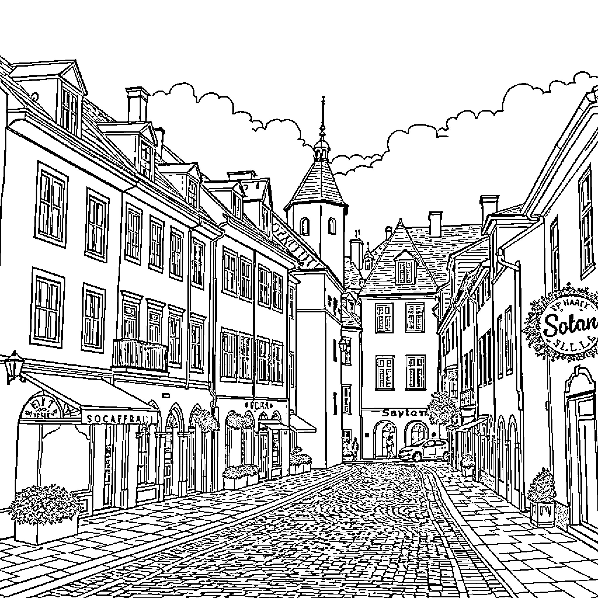 Sopron street scene with historic buildings and cobblestone Coloring Page (free black-and-white line drawing printable PDF for all, from beginners to advanced learners, including children, teens, adults, and seniors)