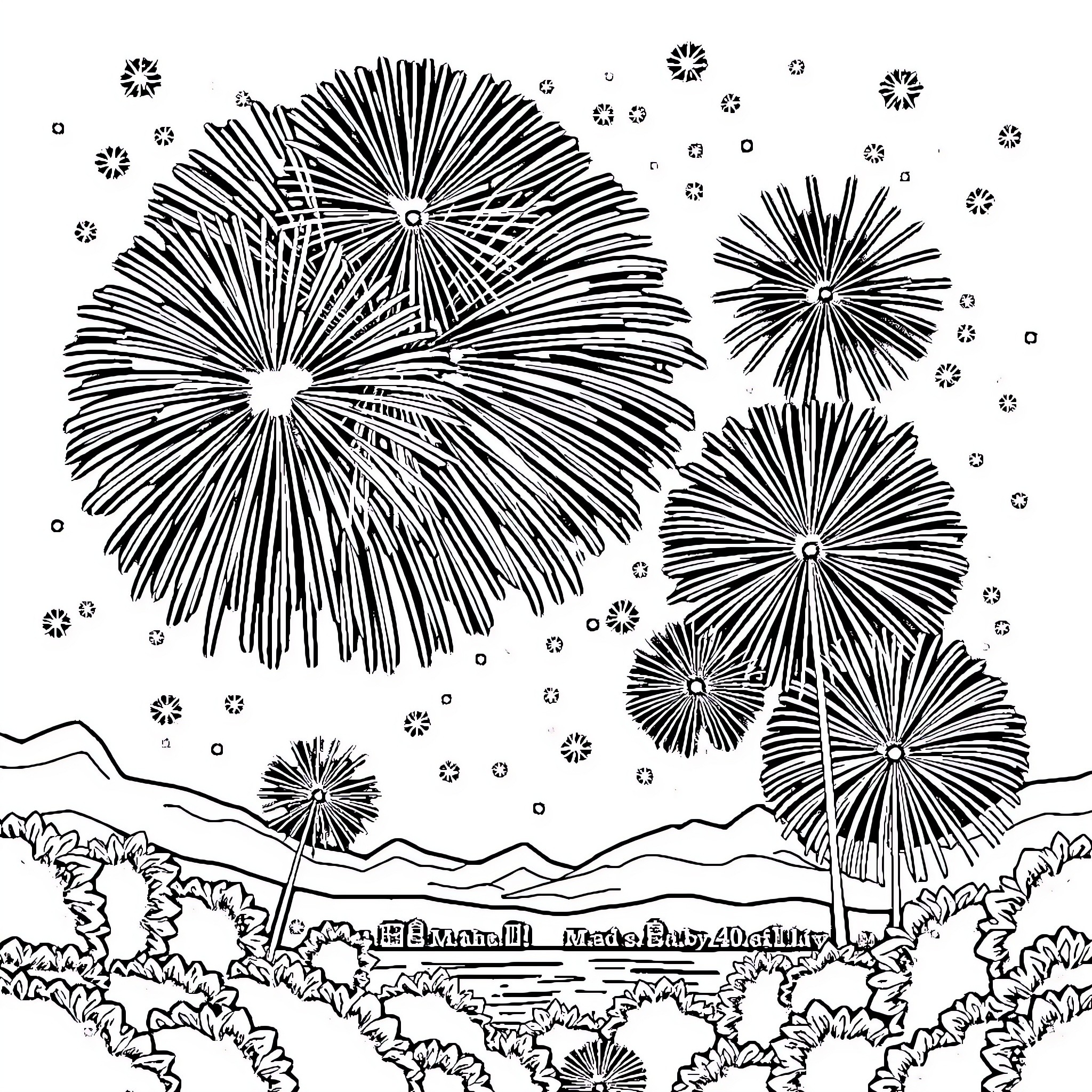 Idea for Vibrant Fireworks Display in the Sky Coloring Page (free black-and-white line drawing printable PDF for all, from beginners to advanced learners, including children, teens, adults, and seniors)