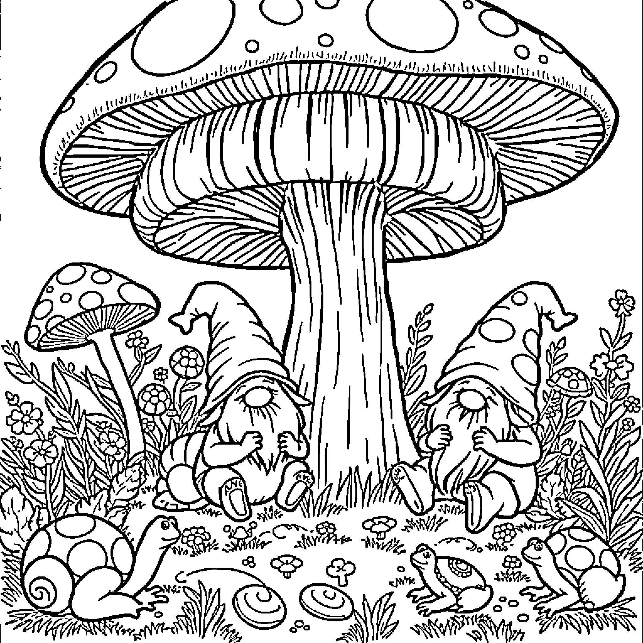 Gnome figures exploring a fantastical mushroom forest Coloring Page (free black-and-white line drawing printable PDF for all, from beginners to advanced learners, including children, teens, adults, and seniors)
