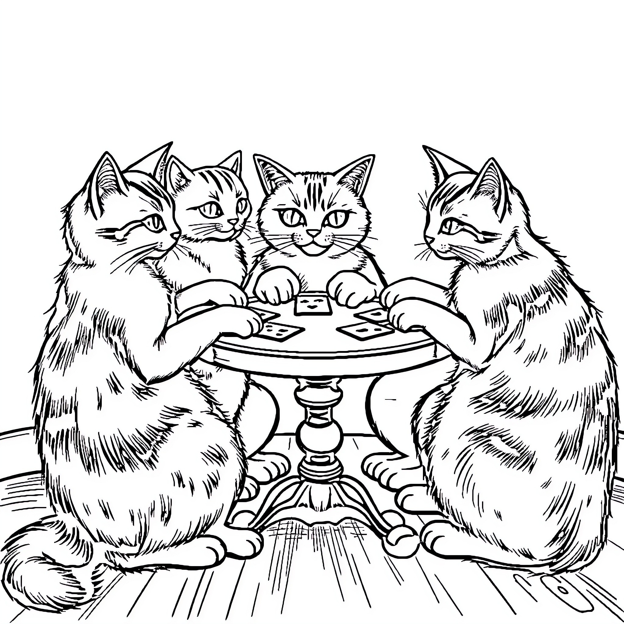 Cat friends playing a game together Coloring Page (free black-and-white line drawing printable PDF for all, from beginners to advanced learners, including children, teens, adults, and seniors)