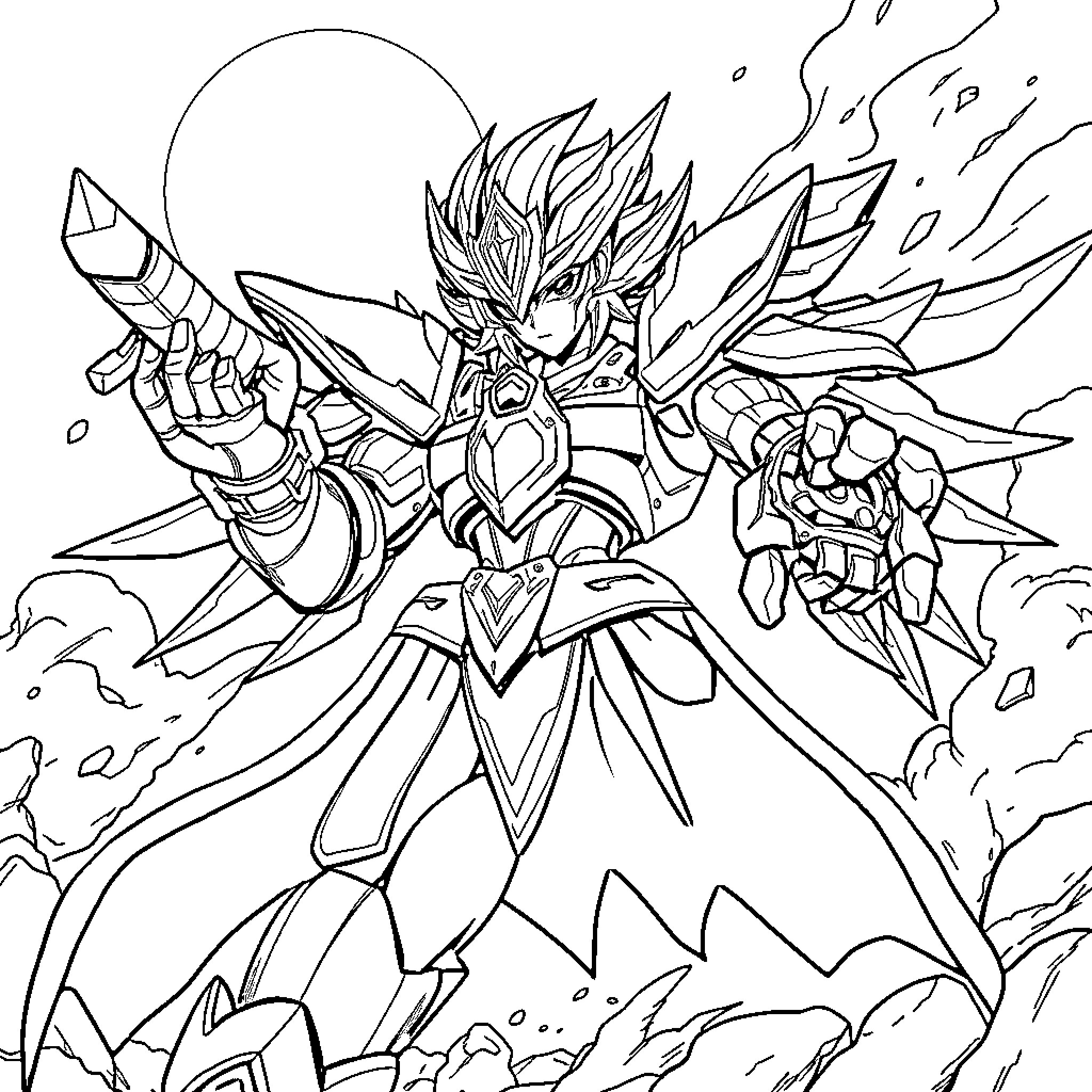 Beyblade Warrior Unleashing Powerful Attack Coloring Page (free black-and-white line drawing printable PDF for all, from beginners to advanced learners, including children, teens, adults, and seniors)