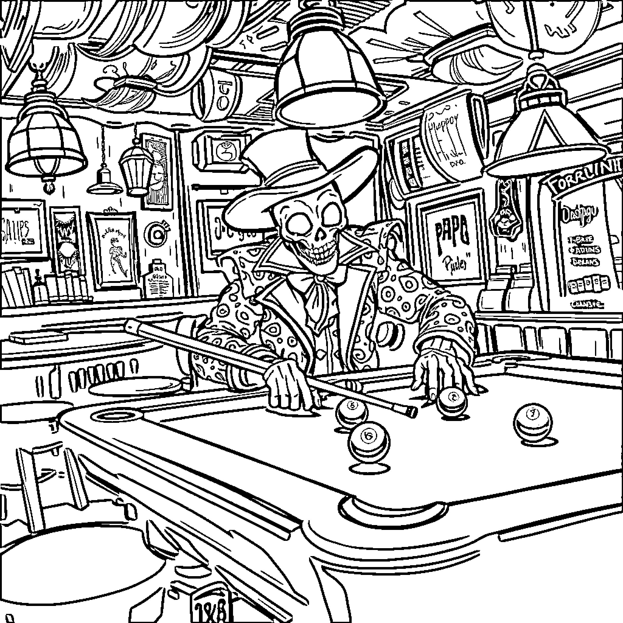 Papa Shango's Spooky Billiards Parlor Coloring Page (free black-and-white line drawing printable PDF for all, from beginners to advanced learners, including children, teens, adults, and seniors)