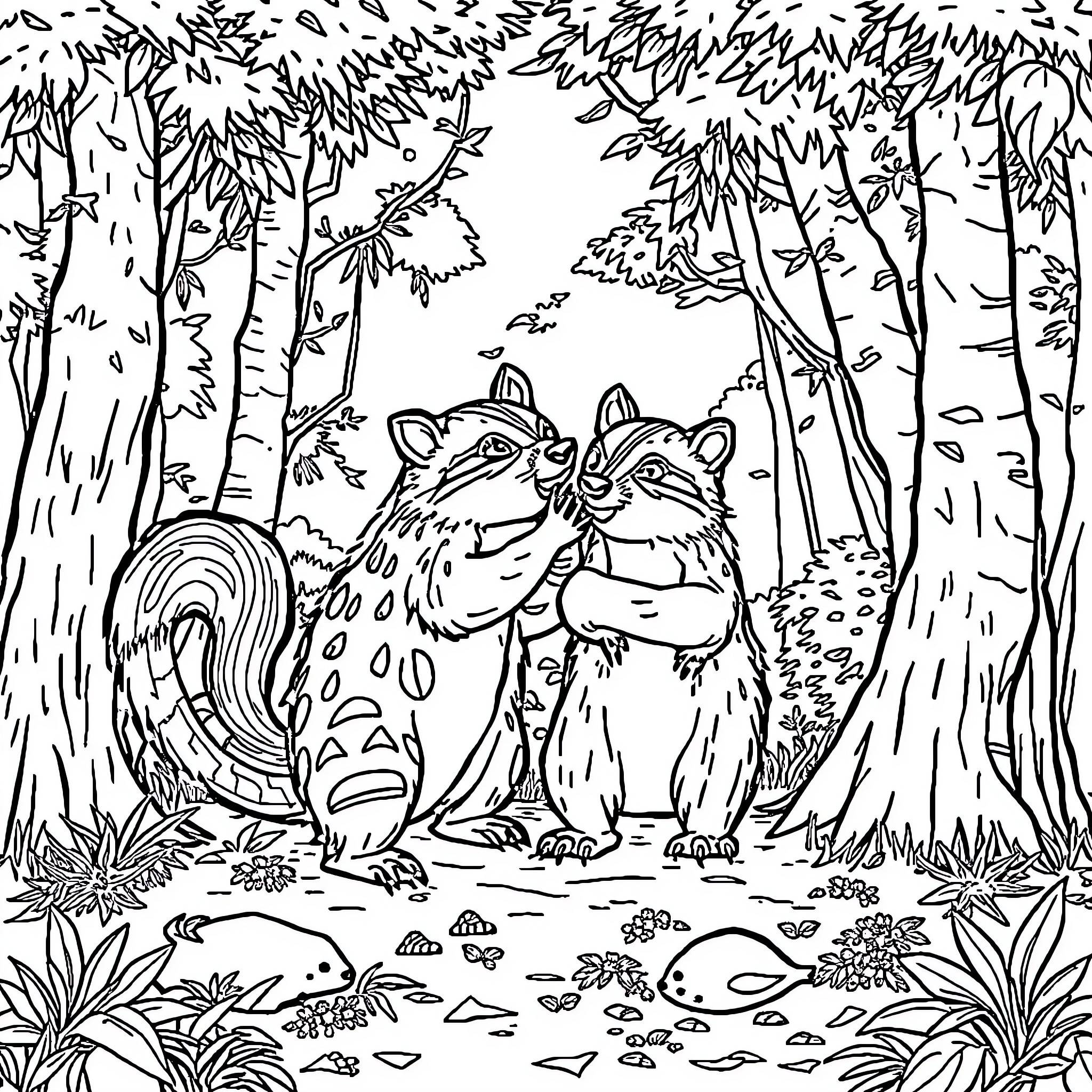 Bear forest creatures adventure in the woods Coloring Page (free black-and-white line drawing printable PDF for all, from beginners to advanced learners, including children, teens, adults, and seniors)
