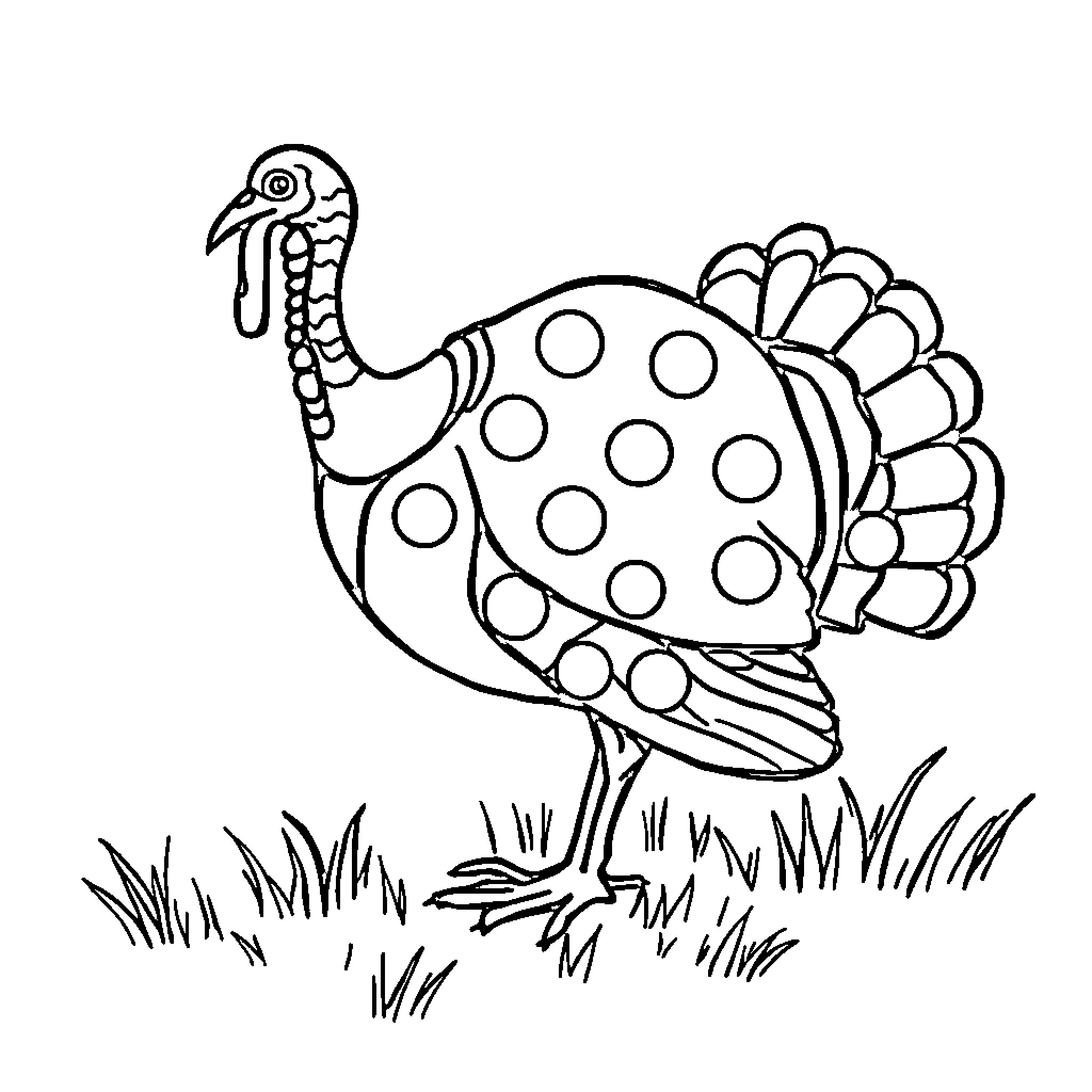 Turkey with polka dots in the grass Coloring Page (free black-and-white line drawing printable PDF for all, from beginners to advanced learners, including children, teens, adults, and seniors)