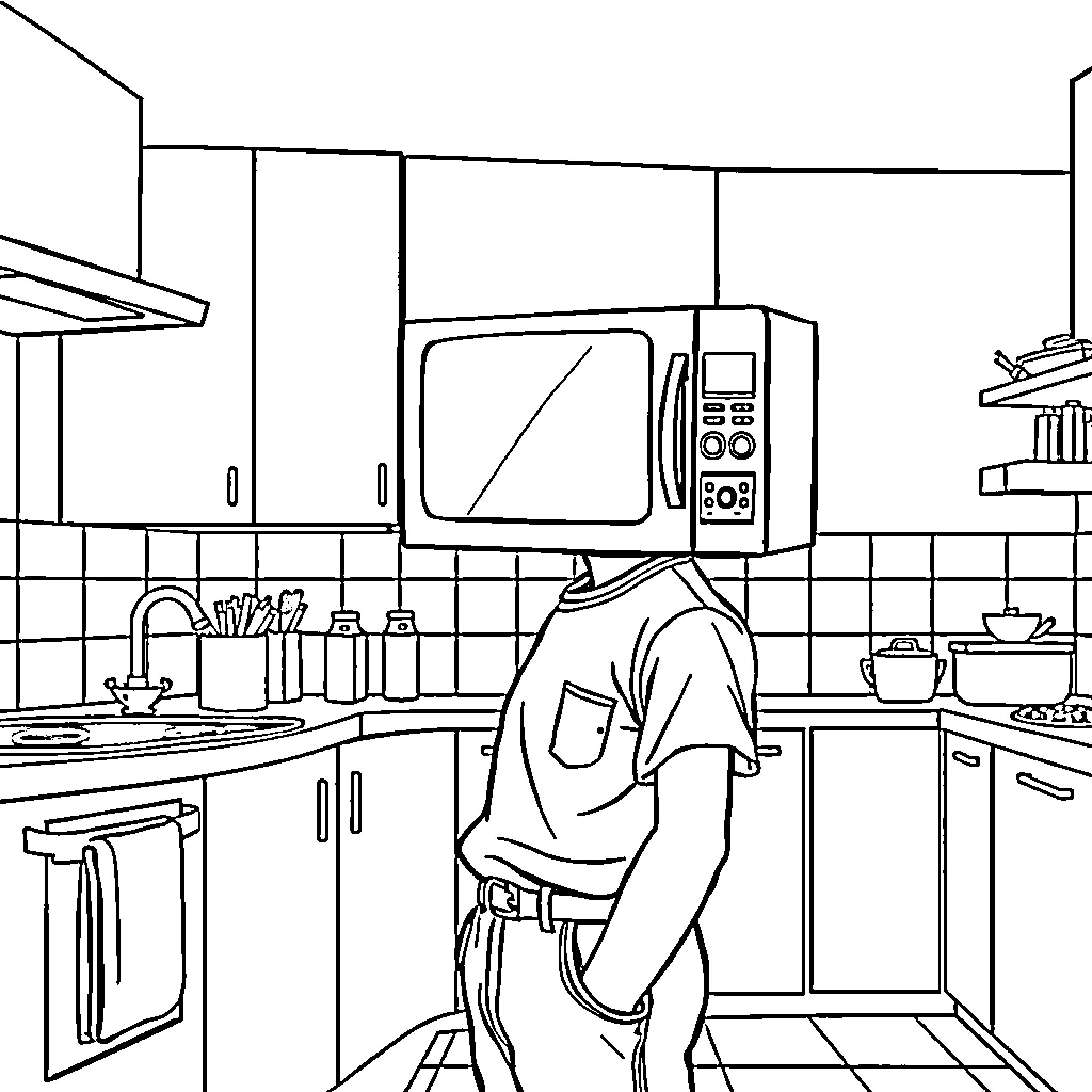 Person working in a home kitchen Coloring Page (free black-and-white line drawing printable PDF for all, from beginners to advanced learners, including children, teens, adults, and seniors)