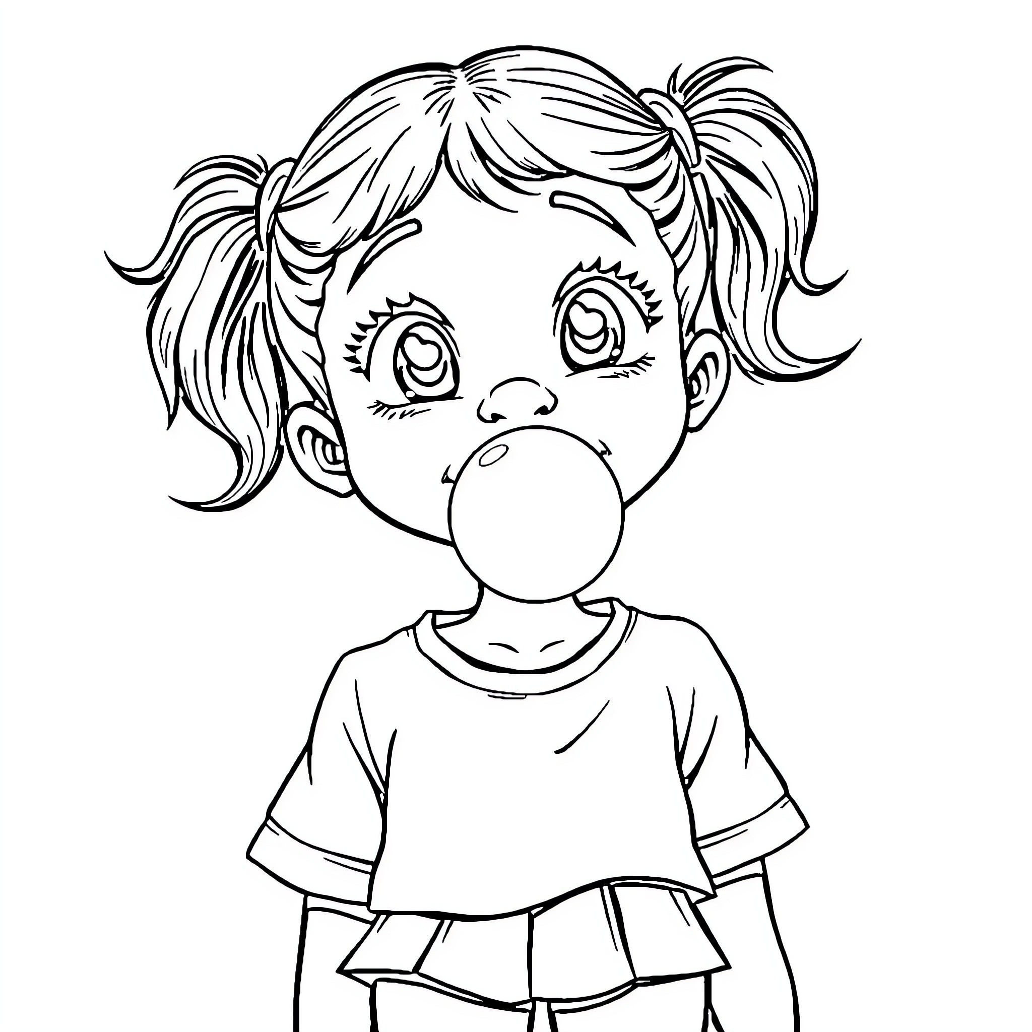 Girl blowing bubble gum in a simple outfit Coloring Page (free black-and-white line drawing printable PDF for all, from beginners to advanced learners, including children, teens, adults, and seniors)