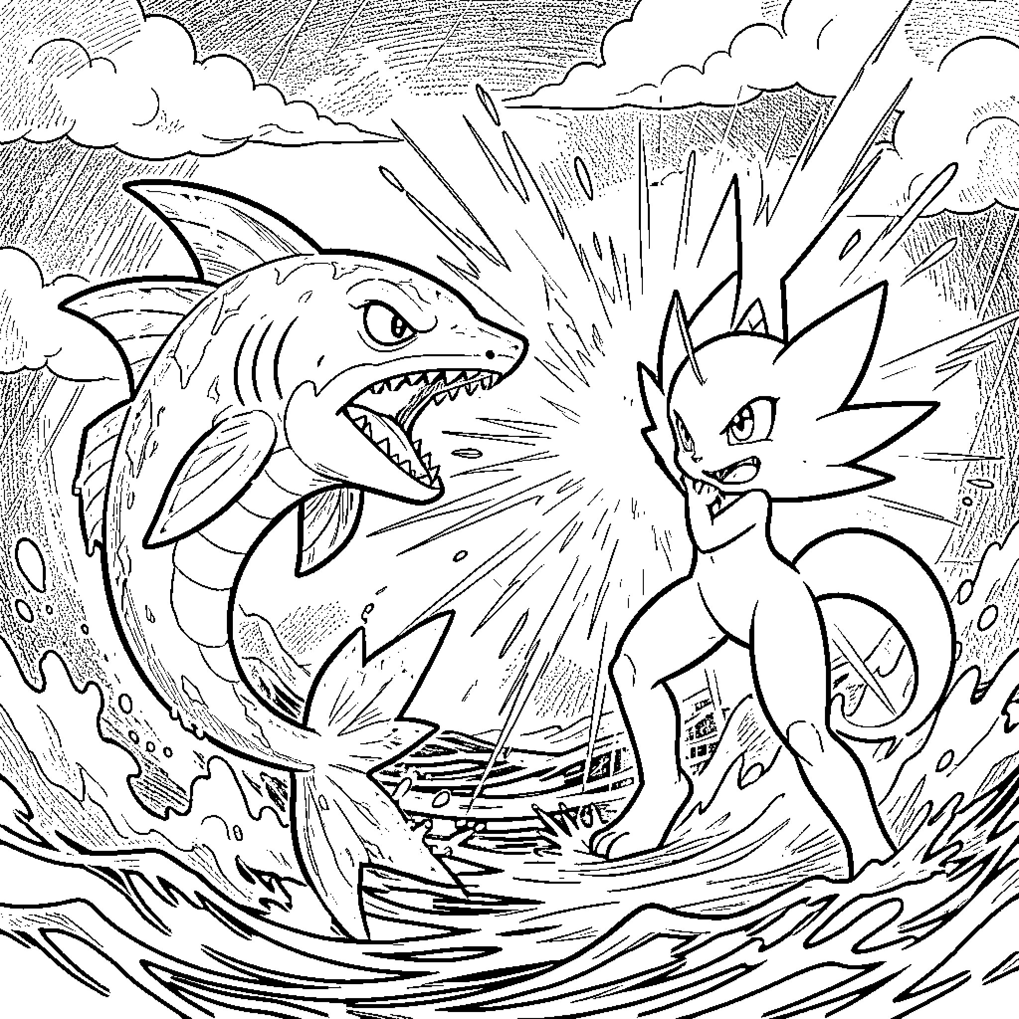 Sharpedo battling a water-type Pokémon Coloring Page (free black-and-white line drawing printable PDF for all, from beginners to advanced learners, including children, teens, adults, and seniors)