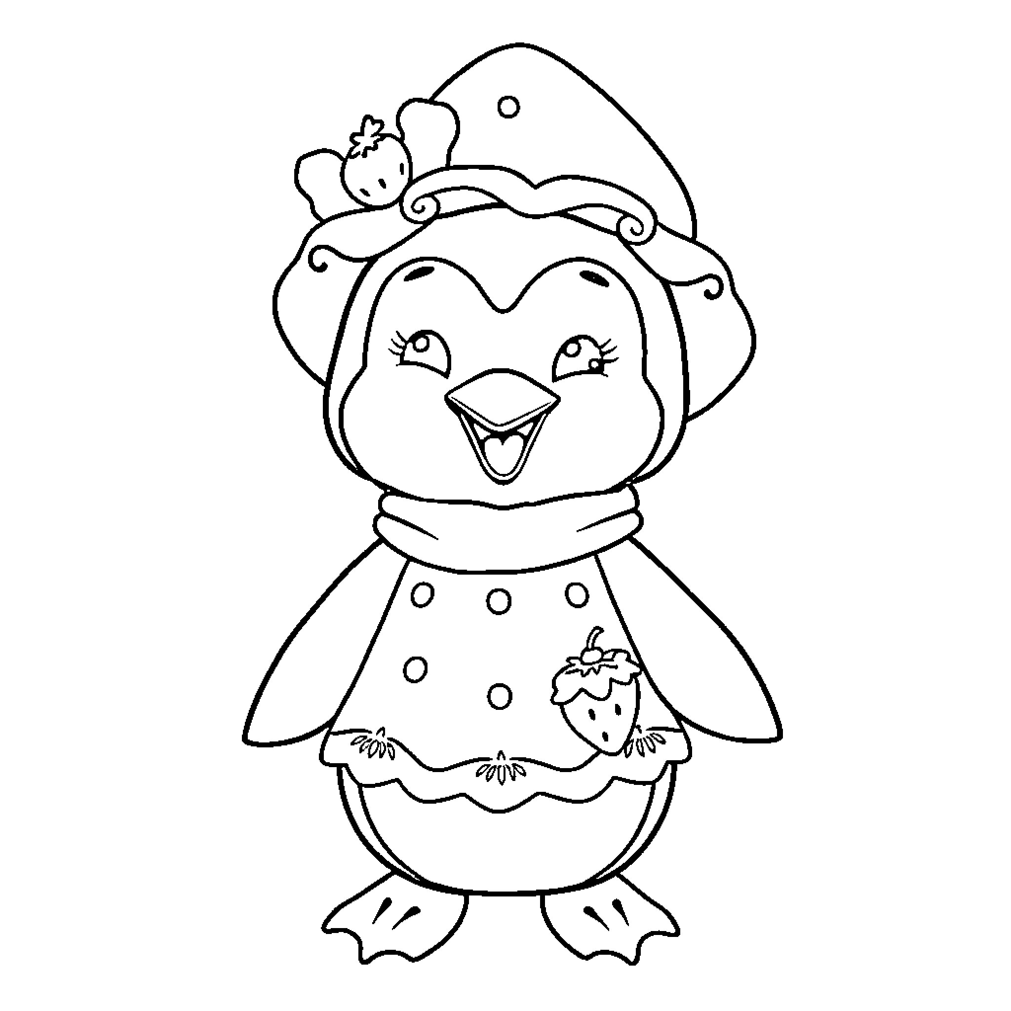 Penguin wearing winter outfit and smiling Coloring Page (free black-and-white line drawing printable PDF for all, from beginners to advanced learners, including children, teens, adults, and seniors)