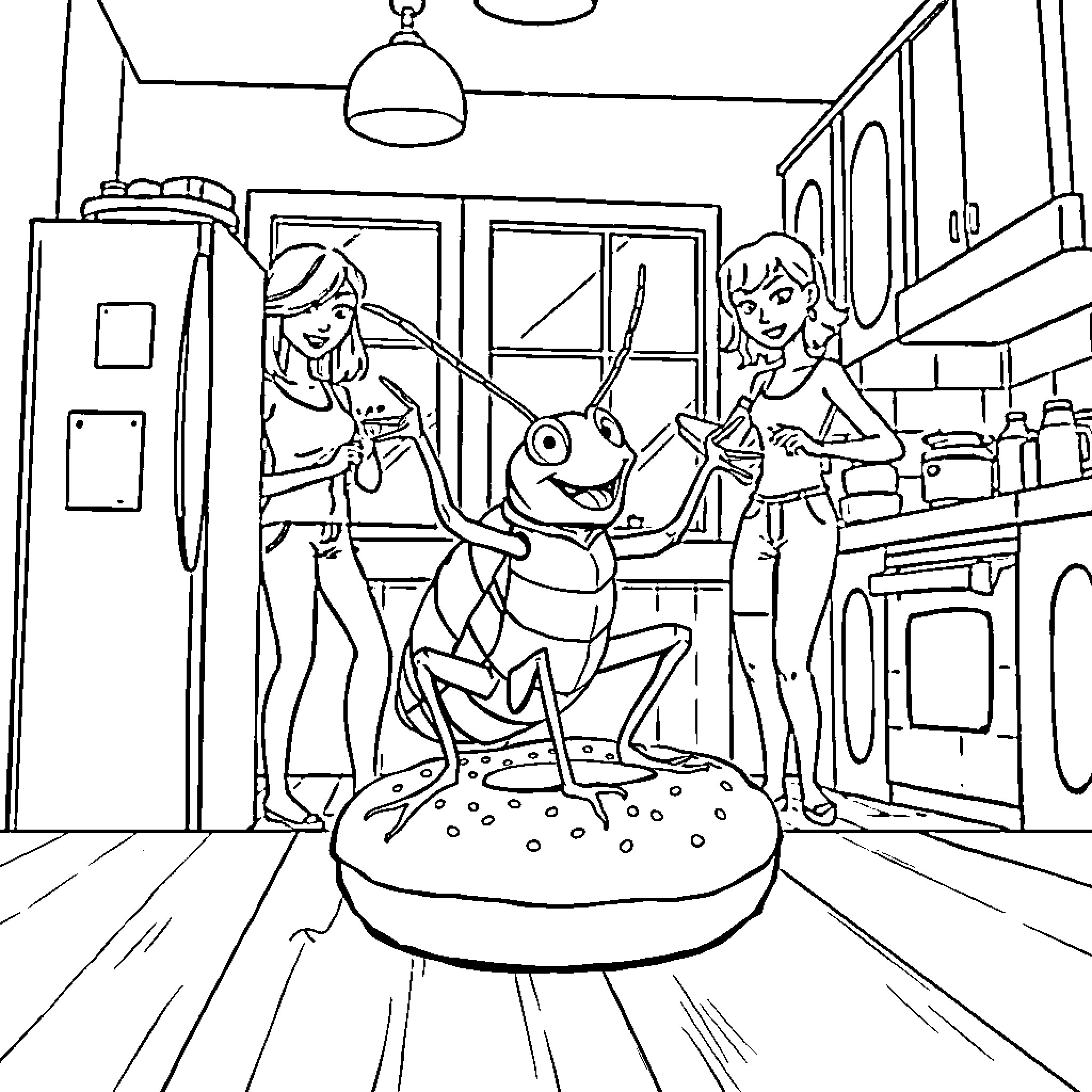 Roach dancing with two girls in the kitchen Coloring Page (free black-and-white line drawing printable PDF for all, from beginners to advanced learners, including children, teens, adults, and seniors)