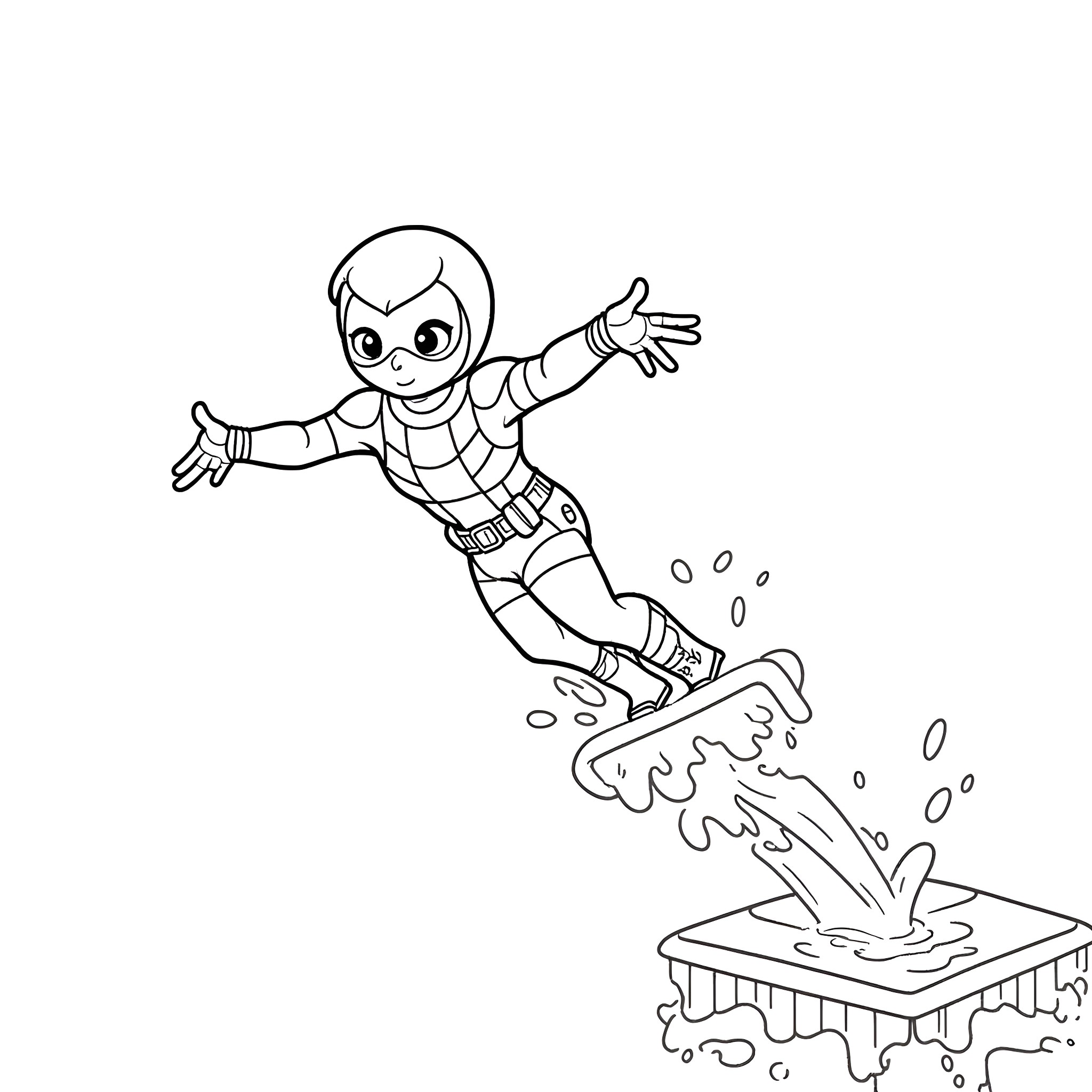 Deadpool Character Jumping in Action Scene Coloring Page (free black-and-white line drawing printable PDF for all, from beginners to advanced learners, including children, teens, adults, and seniors)