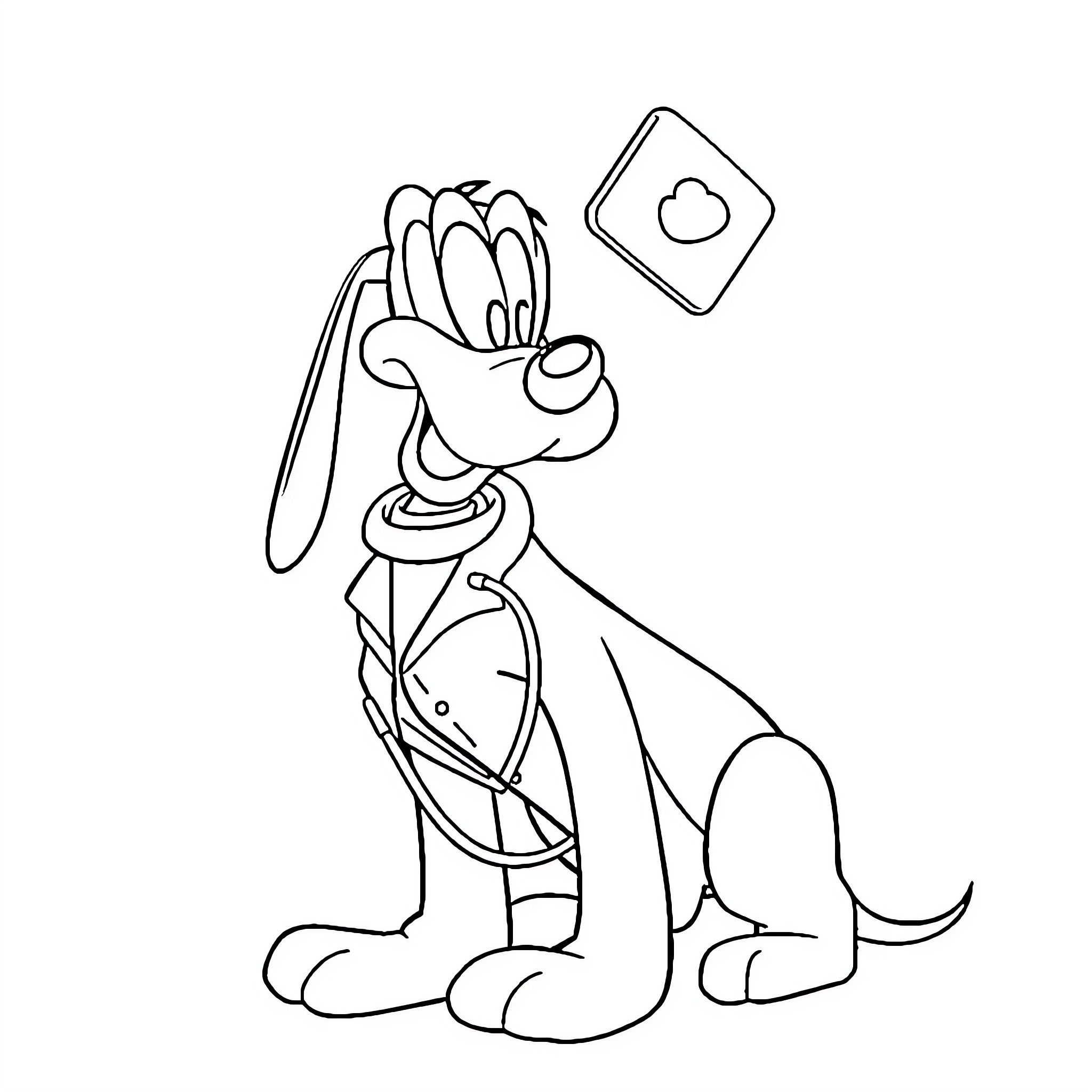 Pluto playing with a heart-shaped card Coloring Page (free black-and-white line drawing printable PDF for all, from beginners to advanced learners, including children, teens, adults, and seniors)