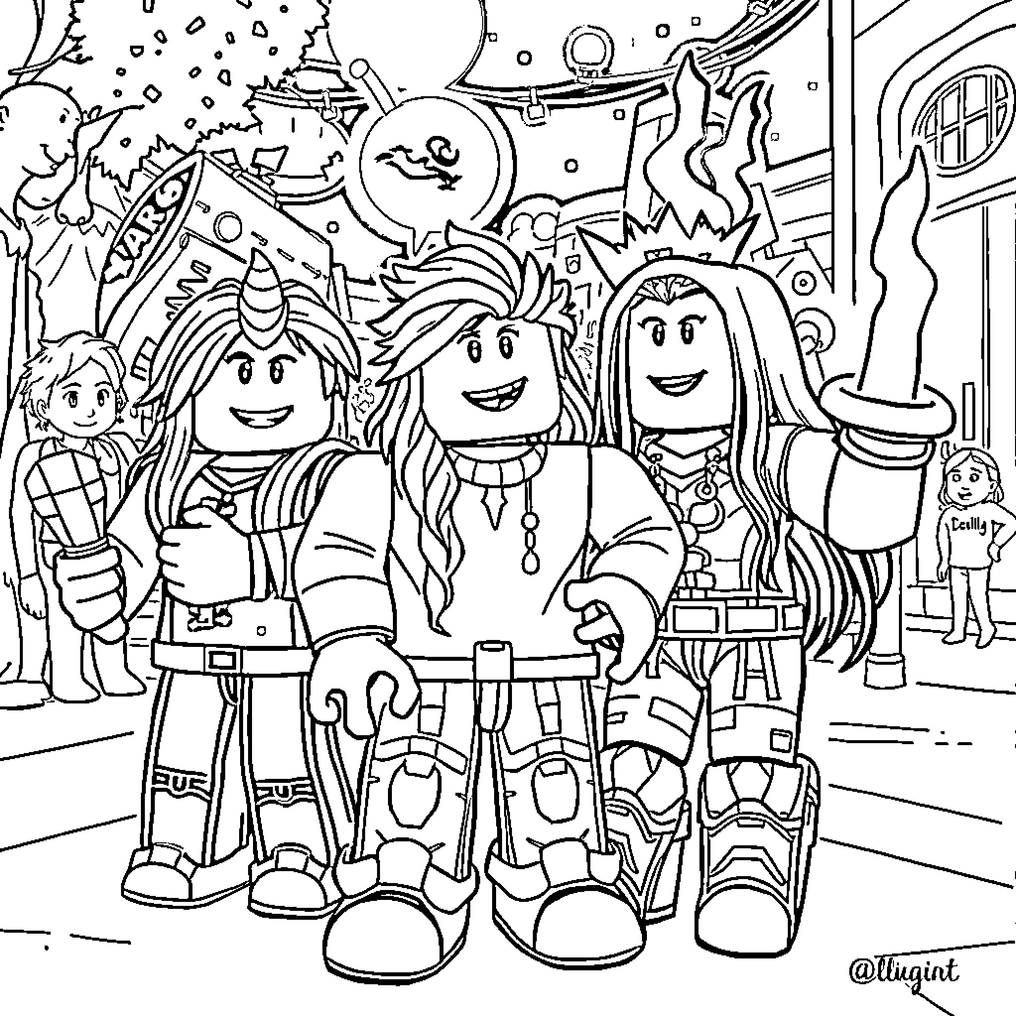 99 Noches - Friends enjoying a playful night out Coloring Page (free black-and-white line drawing printable PDF for all, from beginners to advanced learners, including children, teens, adults, and seniors)