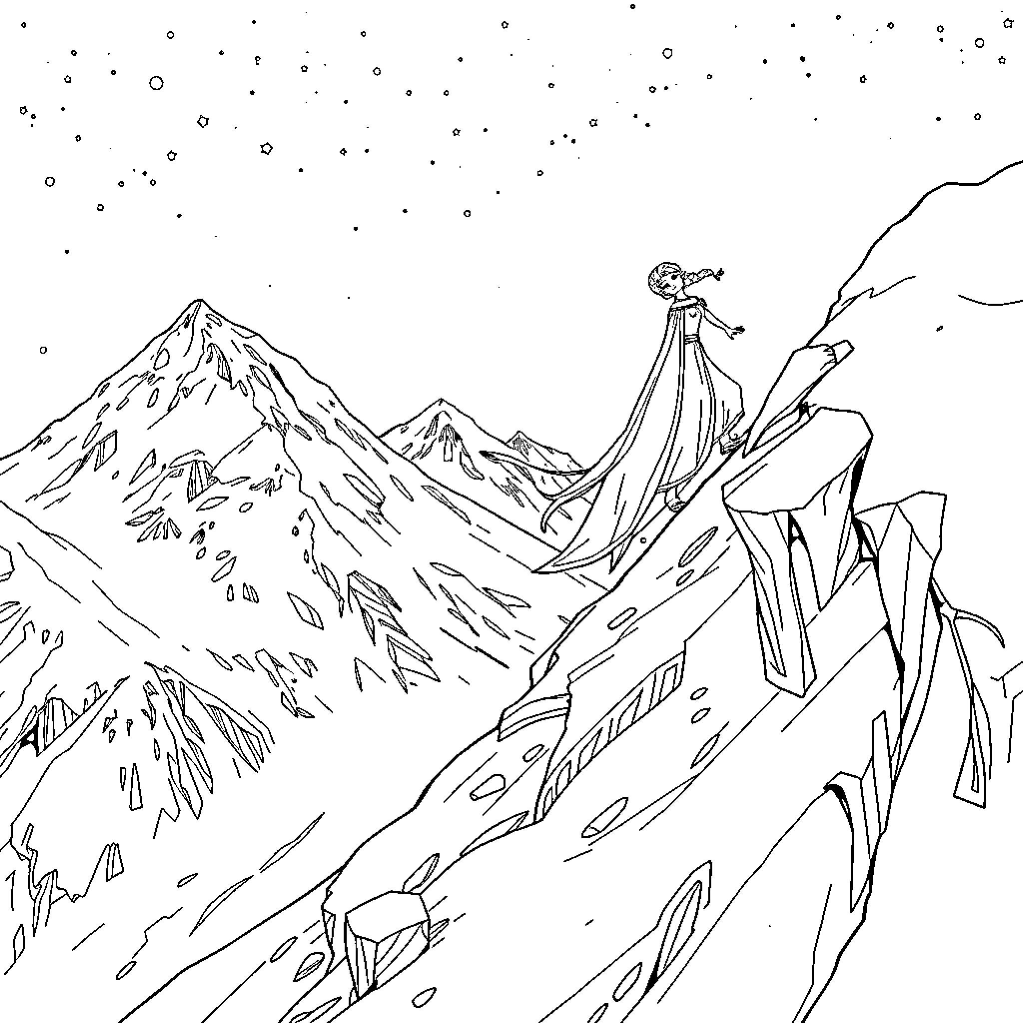 Rumi gazing at the majestic mountain peaks Coloring Page (free black-and-white line drawing printable PDF for all, from beginners to advanced learners, including children, teens, adults, and seniors)