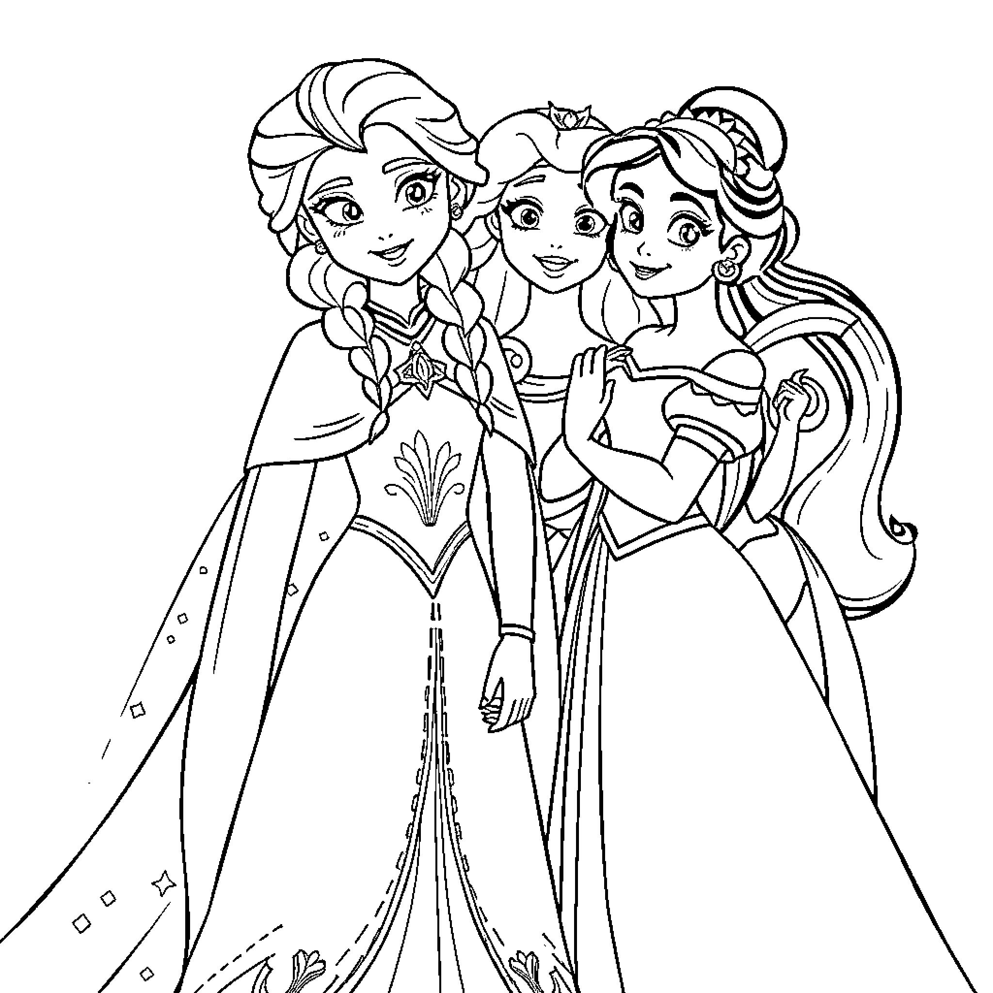 Princess Sisters Posing Happily Together Coloring Page (free black-and-white line drawing printable PDF for all, from beginners to advanced learners, including children, teens, adults, and seniors)