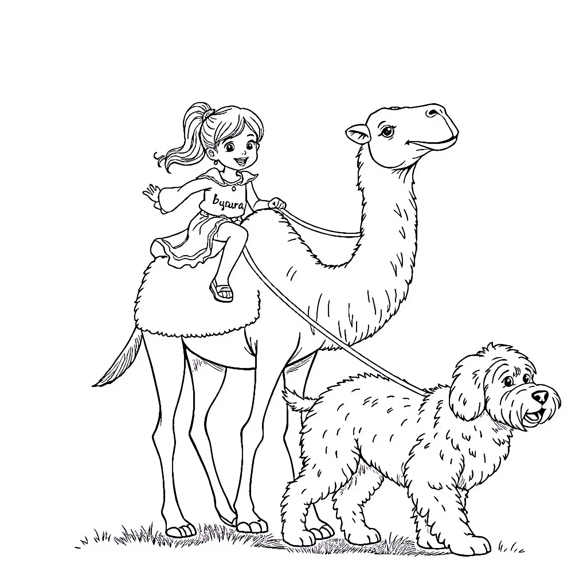 Girl riding camel and playing with dog Coloring Page (free black-and-white line drawing printable PDF for all, from beginners to advanced learners, including children, teens, adults, and seniors)