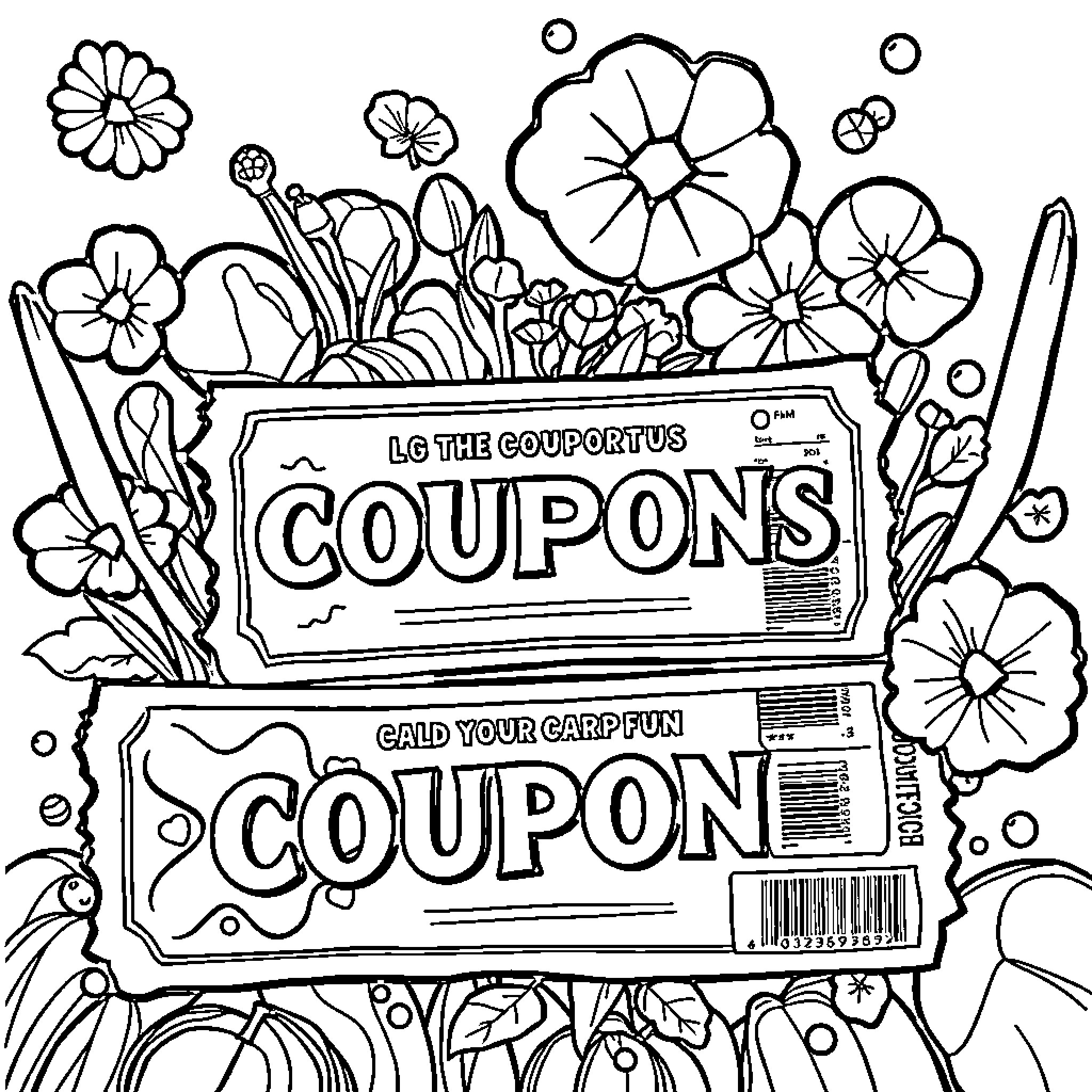 Coupon Coupons and Floral Embellishments Coloring Page (free black-and-white line drawing printable PDF for all, from beginners to advanced learners, including children, teens, adults, and seniors)