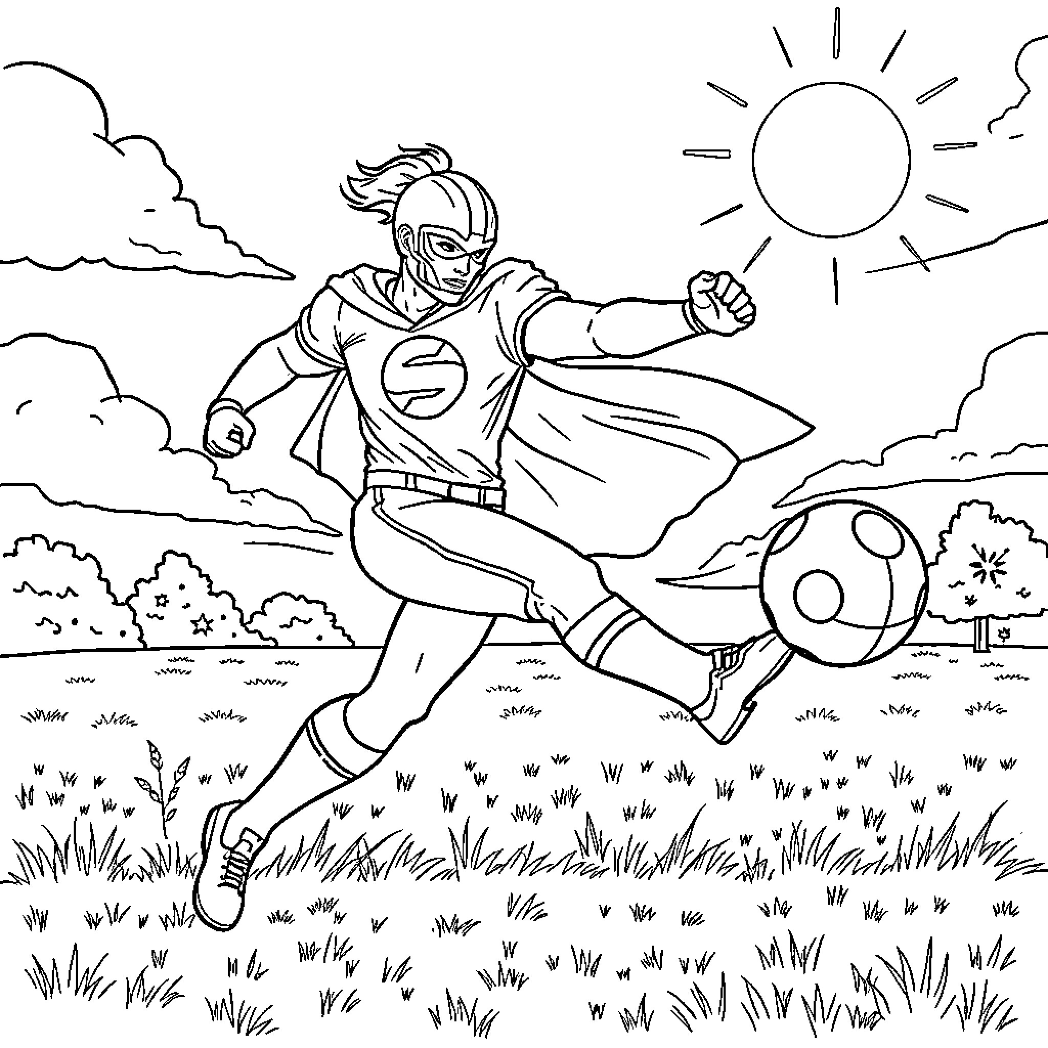 Superhero rushing through the countryside Coloring Page (free black-and-white line drawing printable PDF for all, from beginners to advanced learners, including children, teens, adults, and seniors)